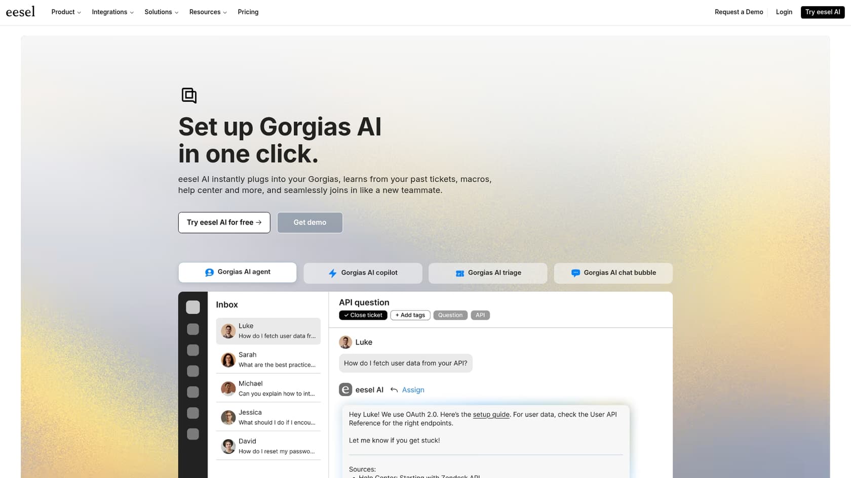A screenshot of the eesel AI integration page for Gorgias, showcasing how Gorgias uses AI agents to improve customer service through advanced learning capabilities.