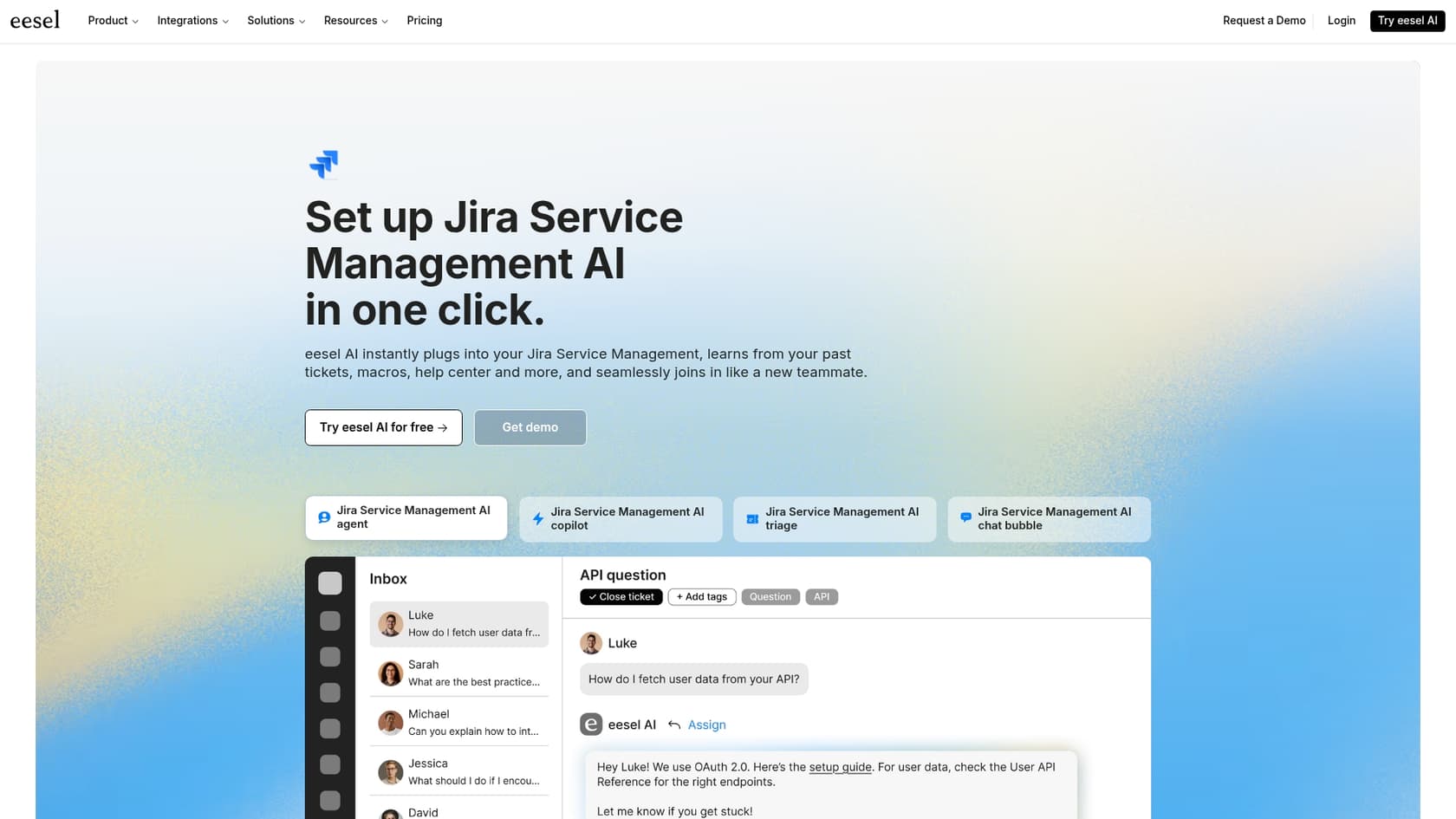 A screenshot of the eesel AI for Jira Service Management integration page, a flexible Atlassian AI ticket assistant.
