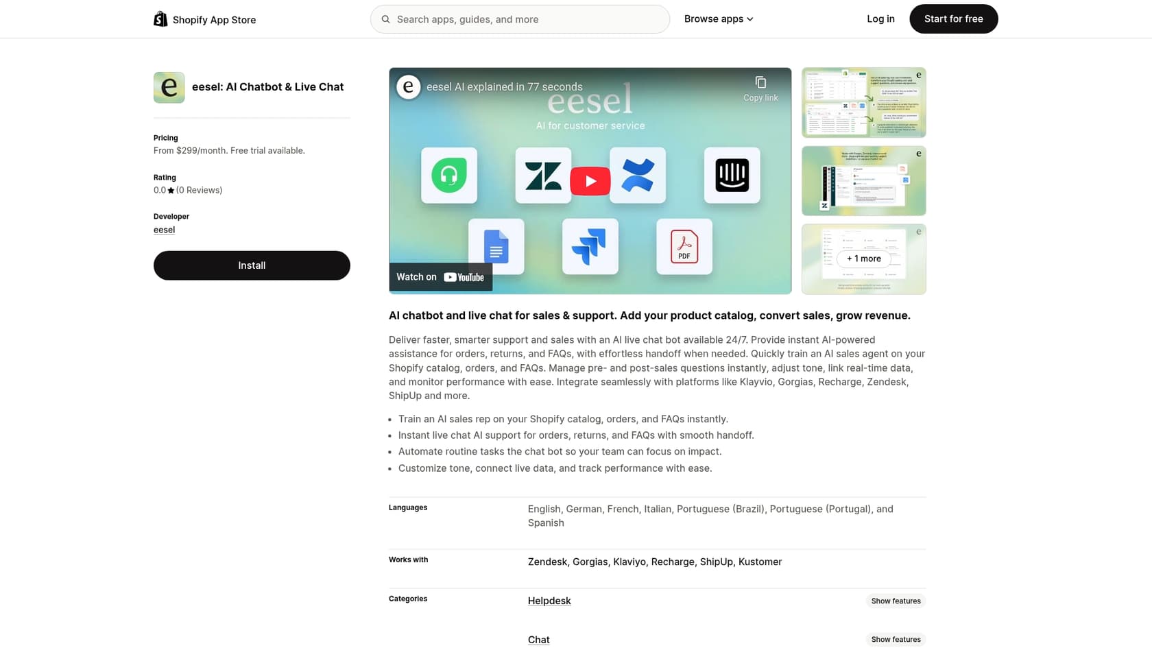 A view of the eesel AI Sales Chatbot on the Shopify App Store, presented as an alternative to the Tidio AI Shopify integration.