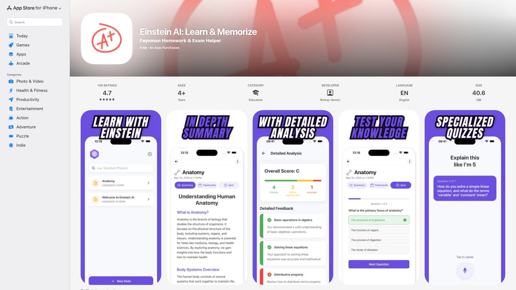 A screenshot of the Einstein AI study app on the Apple App Store, reviewed in our Einstein AI study.::