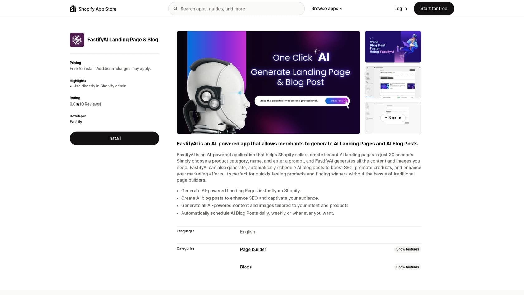 Uma captura de tela da página do app FastifyAI na Shopify App Store, que é um app de IA do Shopify para marketing.::