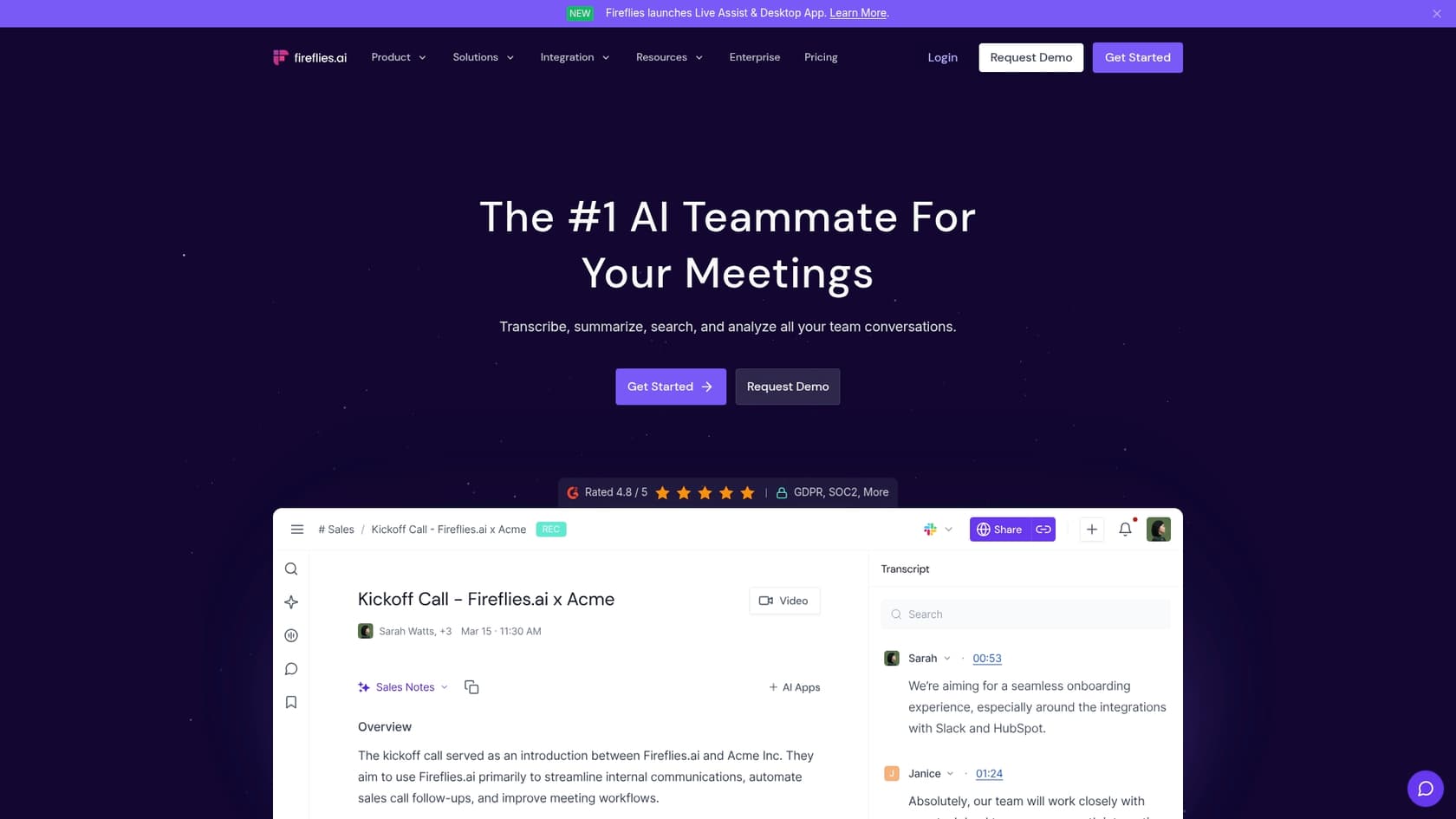 Uma captura de ecrã da página inicial do Fireflies.ai. O Fireflies.ai é reconhecido como uma das melhores ferramentas de assistente de vendas com IA para notas de reunião.