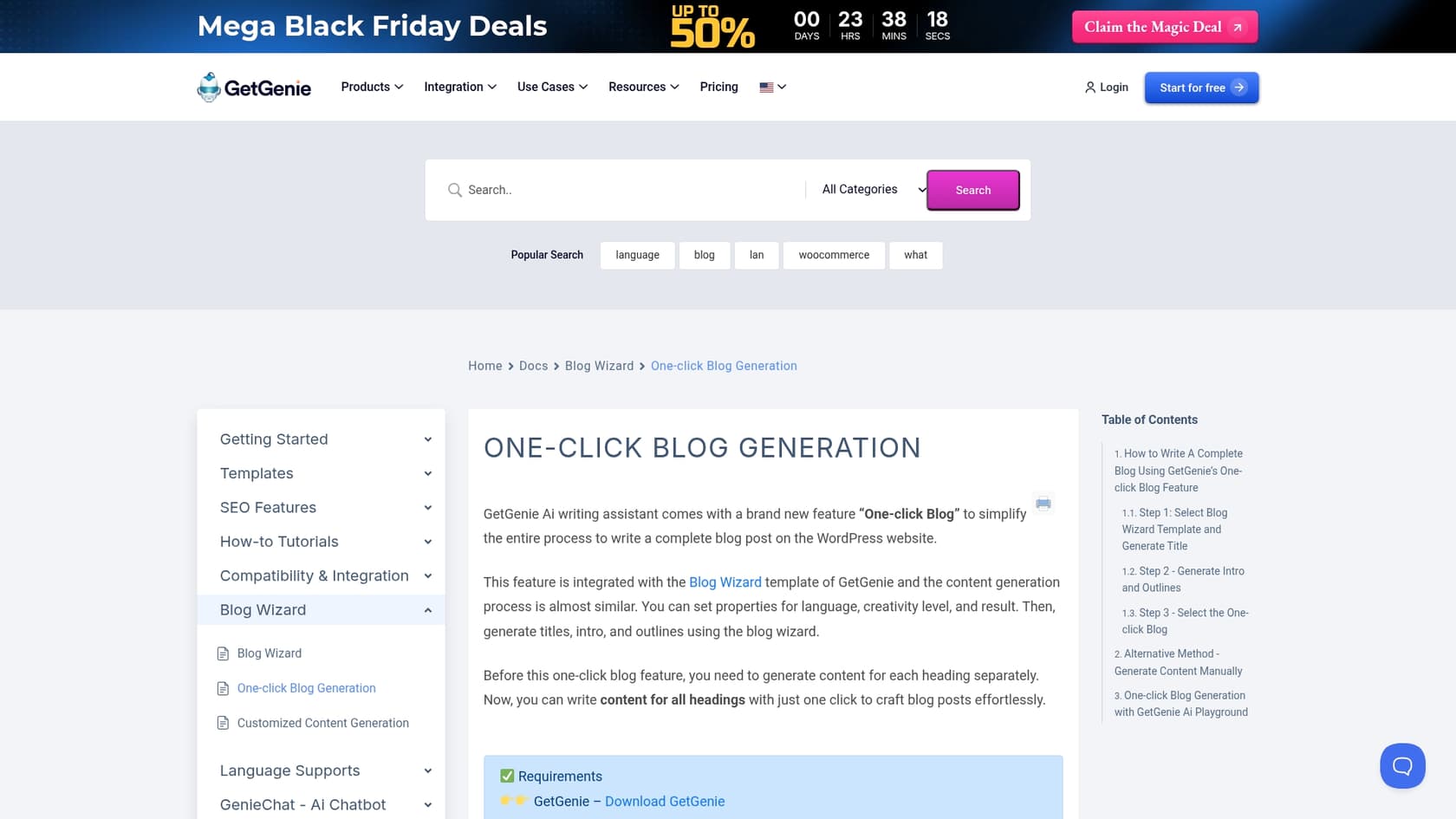 Una captura de pantalla de la función «One-click Blog» de GetGenie AI, un ejemplo de una herramienta de asistente de IA para crear entradas de blog.