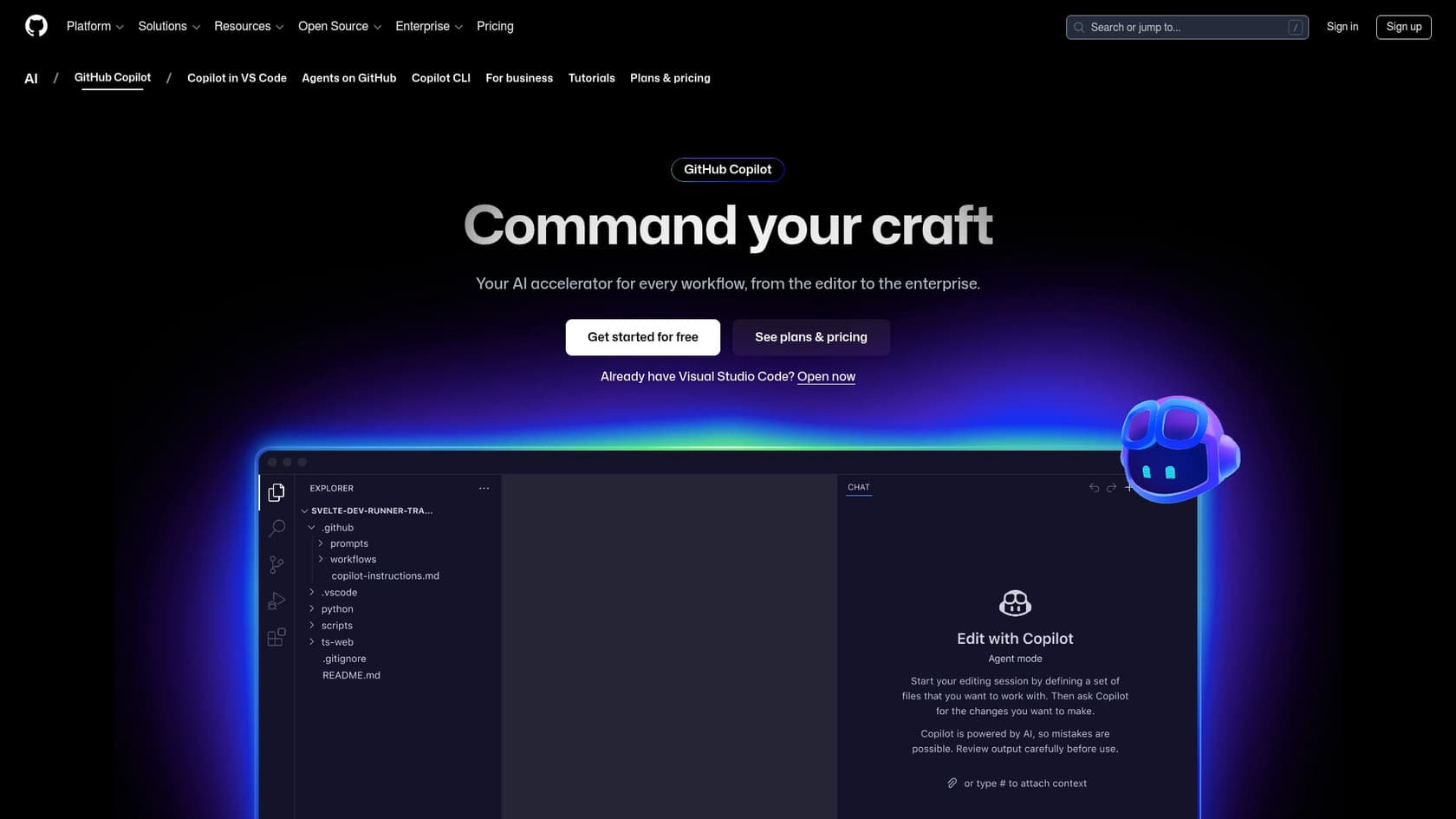 A screenshot of the GitHub Copilot landing page, which is one of the best chatbot for developers.::