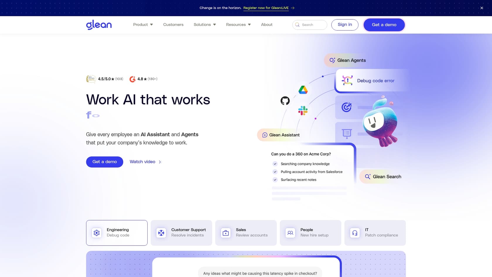 A screenshot of the Glean landing page, which is one of the best Salesforce AI assistants.::
