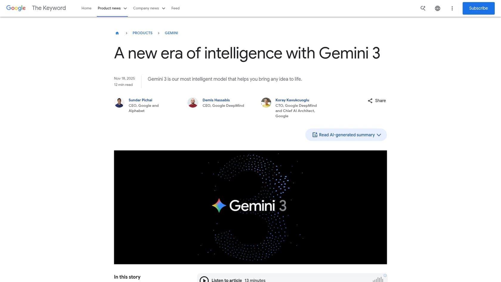 A screenshot of the official Google blog announcing the release of Google Gemini 3.
