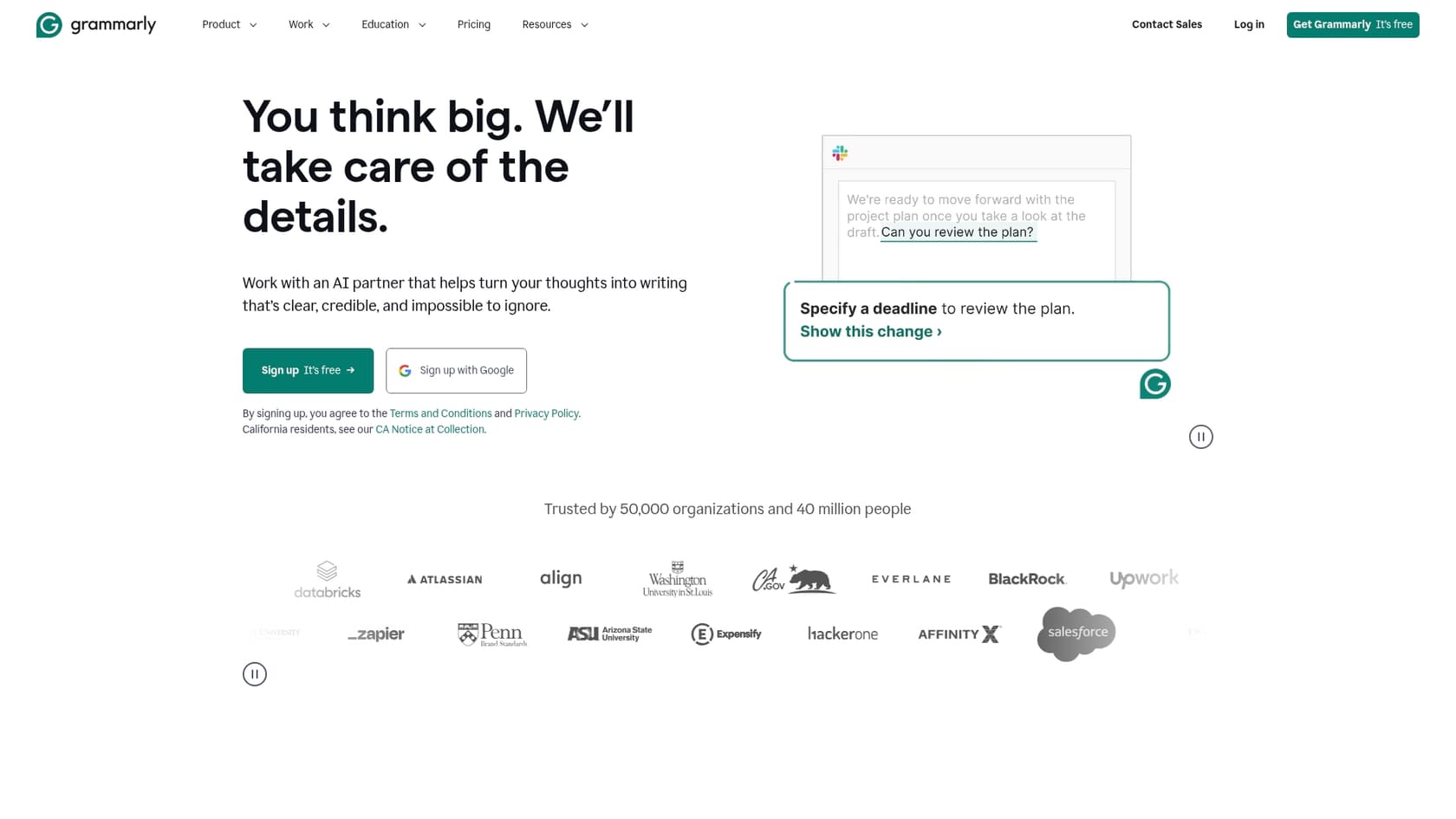 A screenshot of the Grammarly landing page, an example of AI tools for technical writers.::