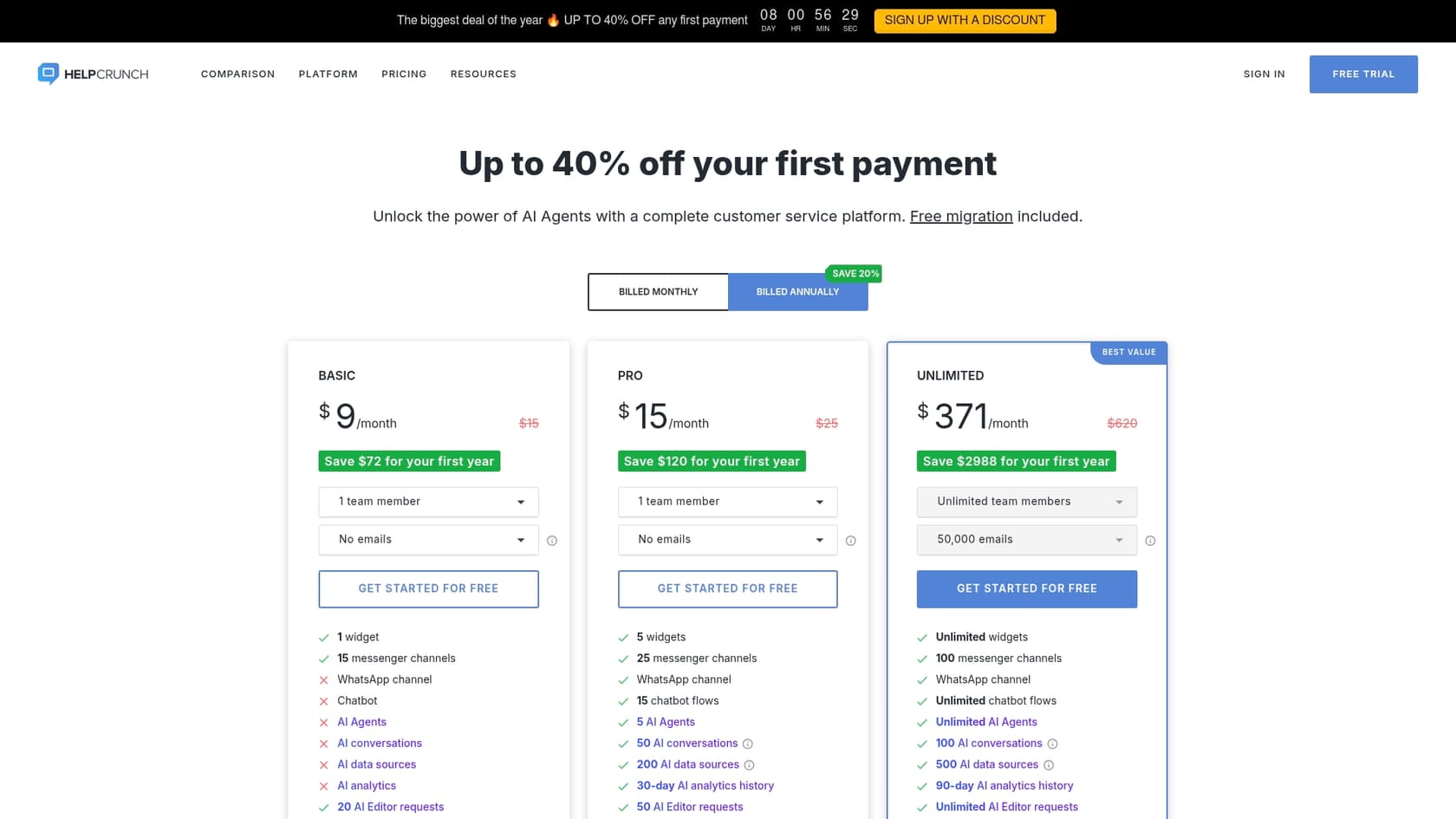 Una captura de pantalla de la página de precios de las herramientas avanzadas de chat de Helcrunch.::