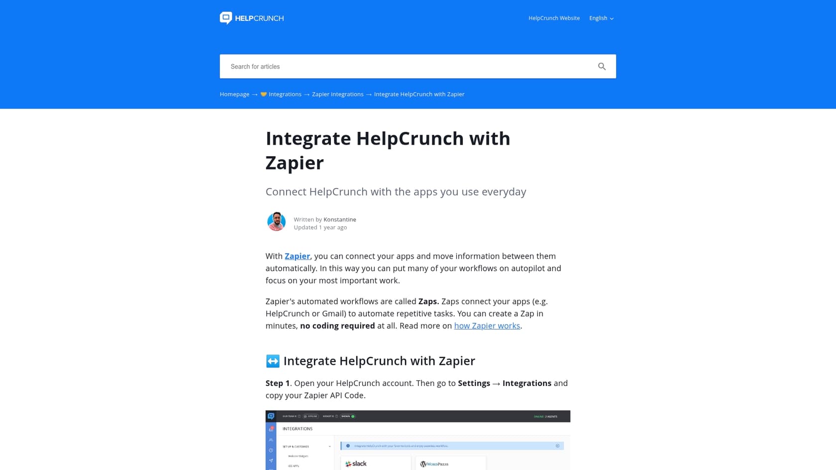 Una captura de pantalla que muestra la integración de Zapier para las herramientas avanzadas de chat de Helcrunch.::