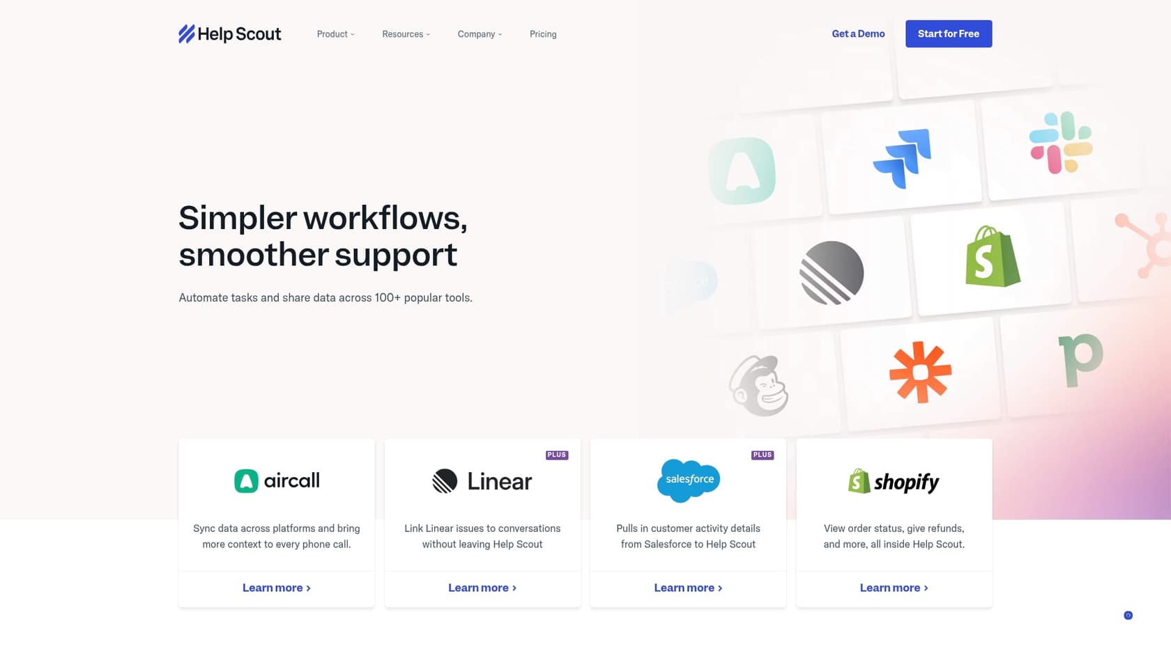 A screenshot of the HelpScout integrations page, showcasing the variety of available pre-built apps. Utilizing the HelpScout API for seamless integration is a key feature.::