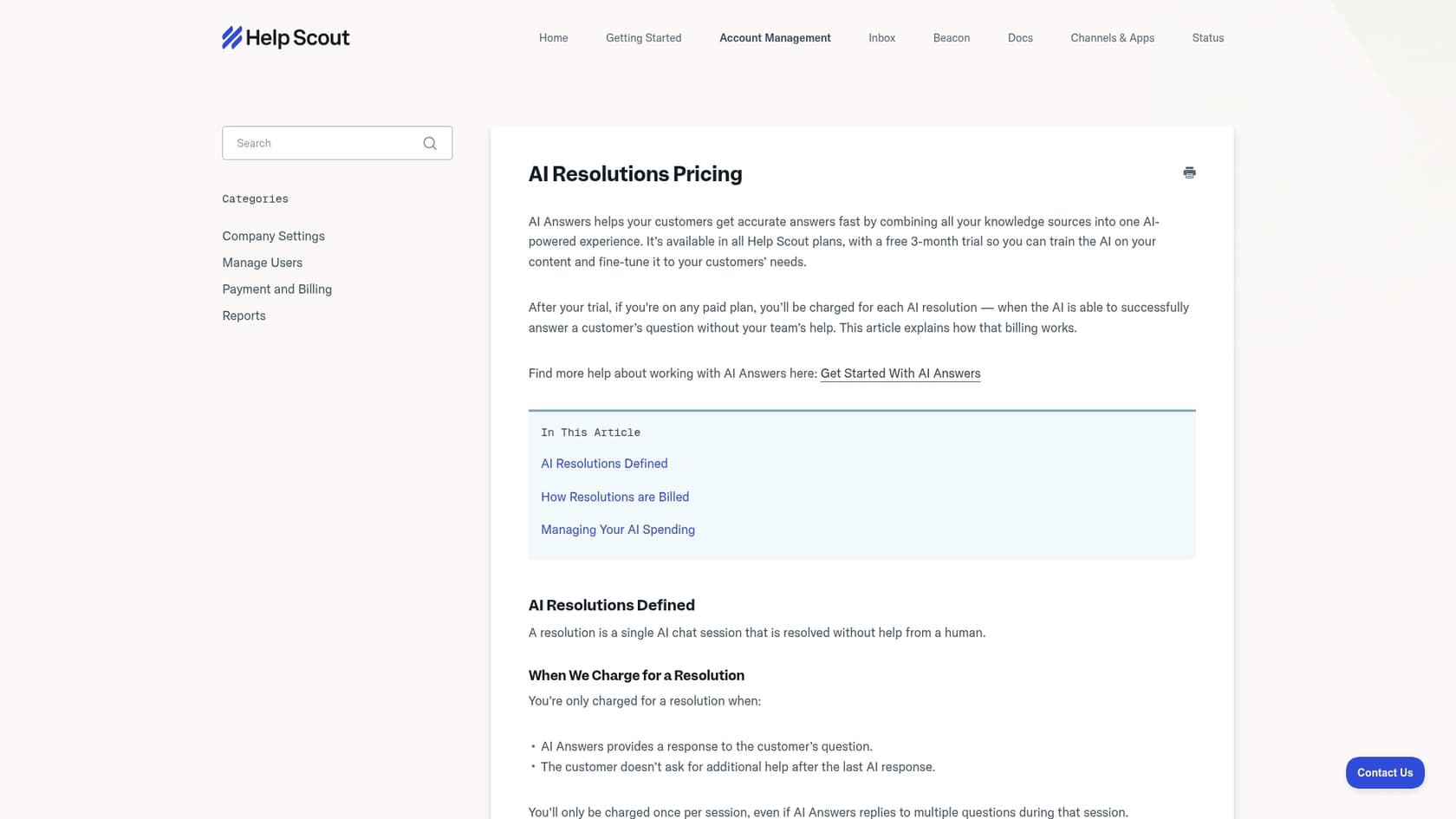 A screenshot of the Help Scout resolution pricing page, relevant to the Help Scout AI agent.::