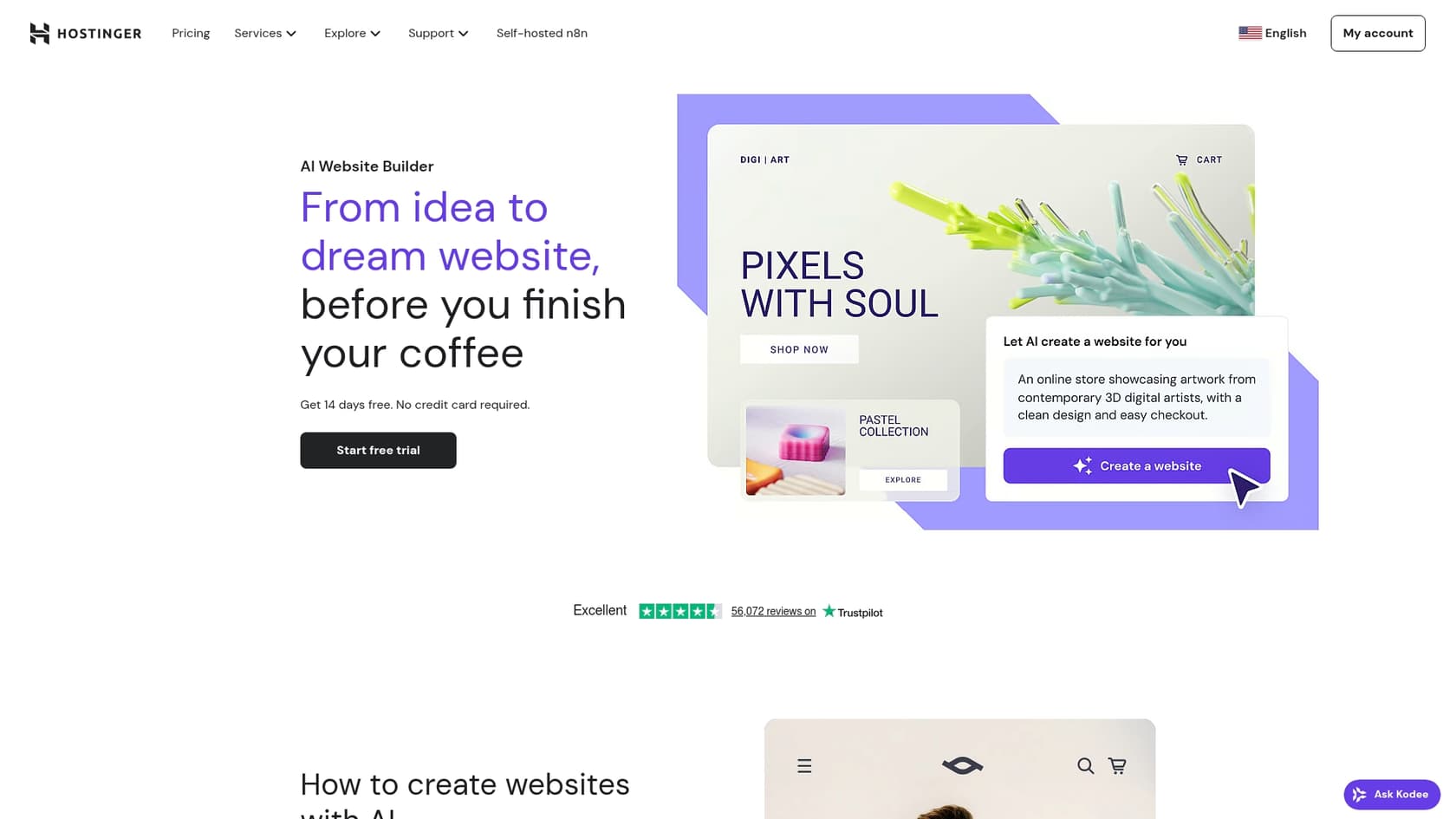 A screenshot of the Hostinger AI website generator landing page, showcasing its simple interface.