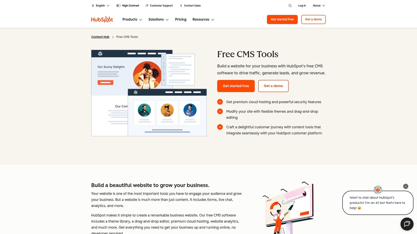 A screenshot of the HubSpot Content Hub landing page, which is relevant to this HubSpot AI website builder review.::
