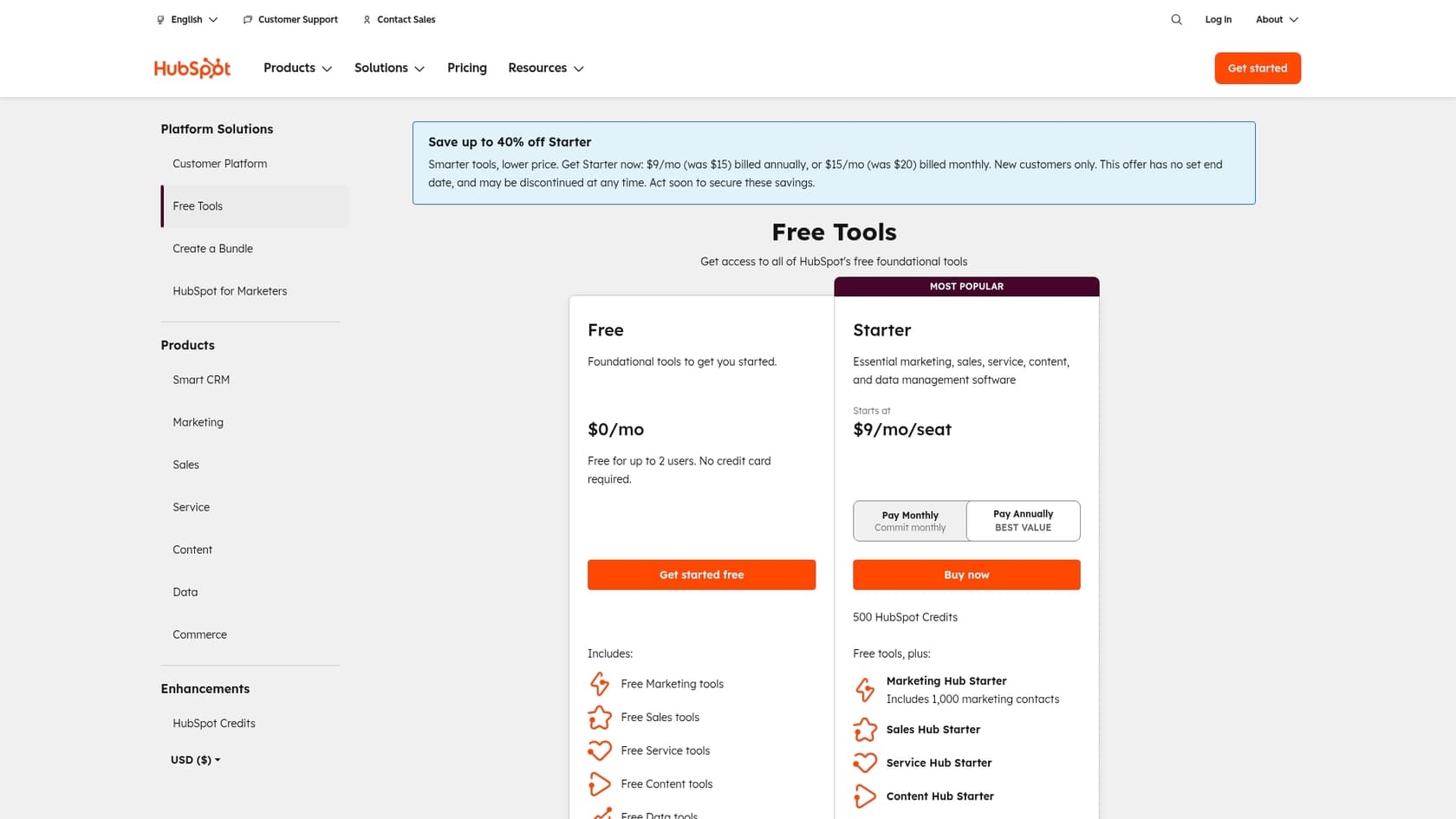 A screenshot of the HubSpot CRM pricing page, showing the different tiers and options available.