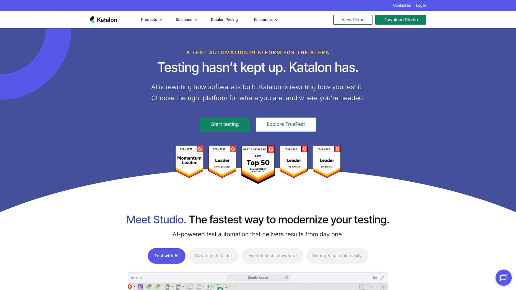 A screenshot of the Katalon landing page, an all-in-one test automation platform and one of the best AI tools for software testing in Jira.::