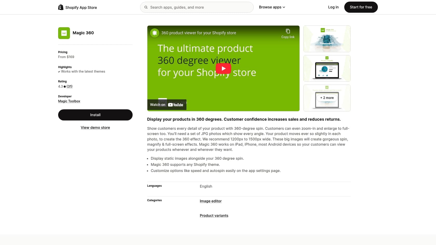 Uma captura de ecrã da página da aplicação Magic 360 na Shopify App Store, uma ferramenta para vistas 3D de produtos.::