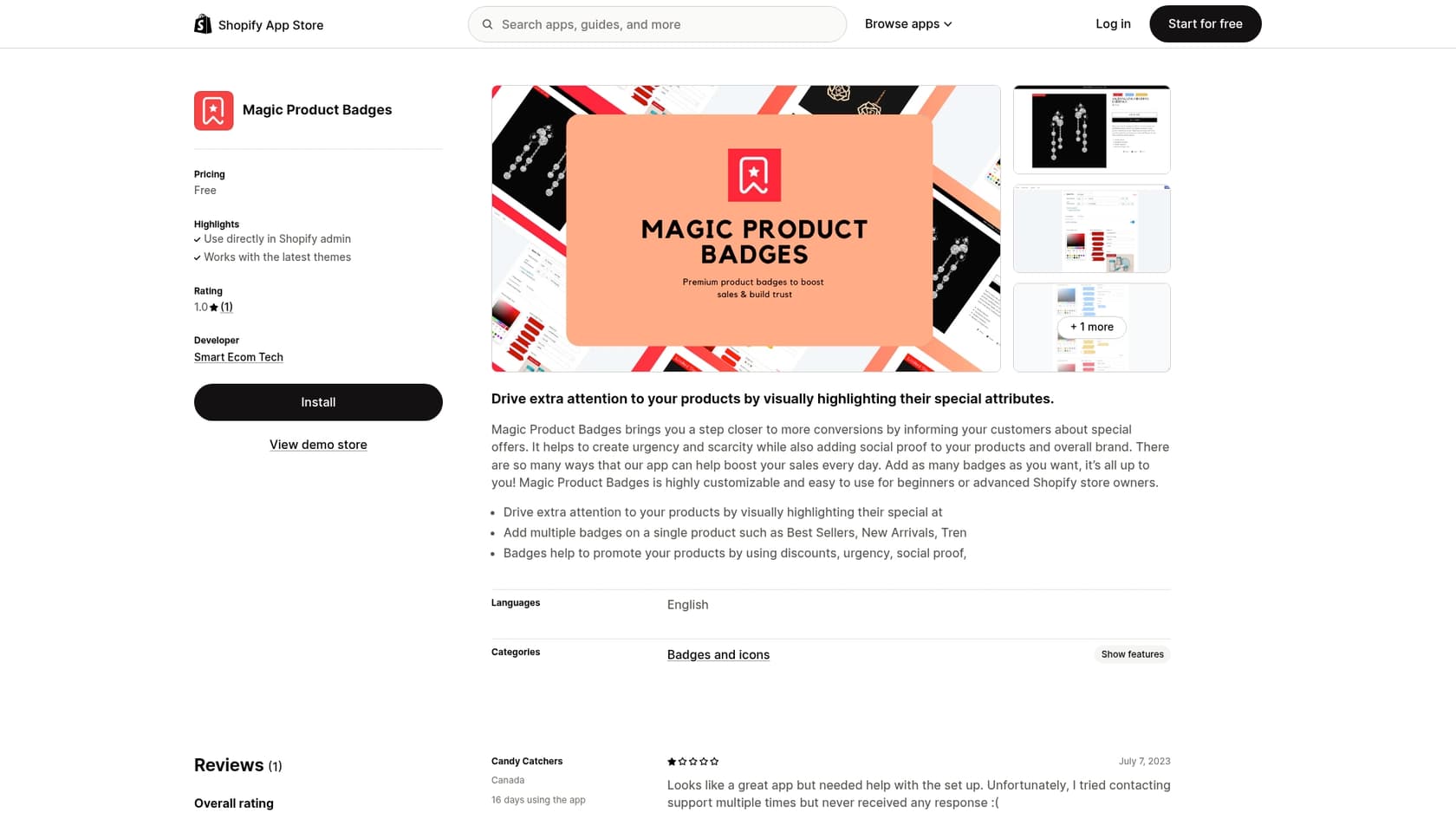 Uma captura de ecrã da aplicação Magic Product Badges, para adicionar emblemas promocionais a produtos.::