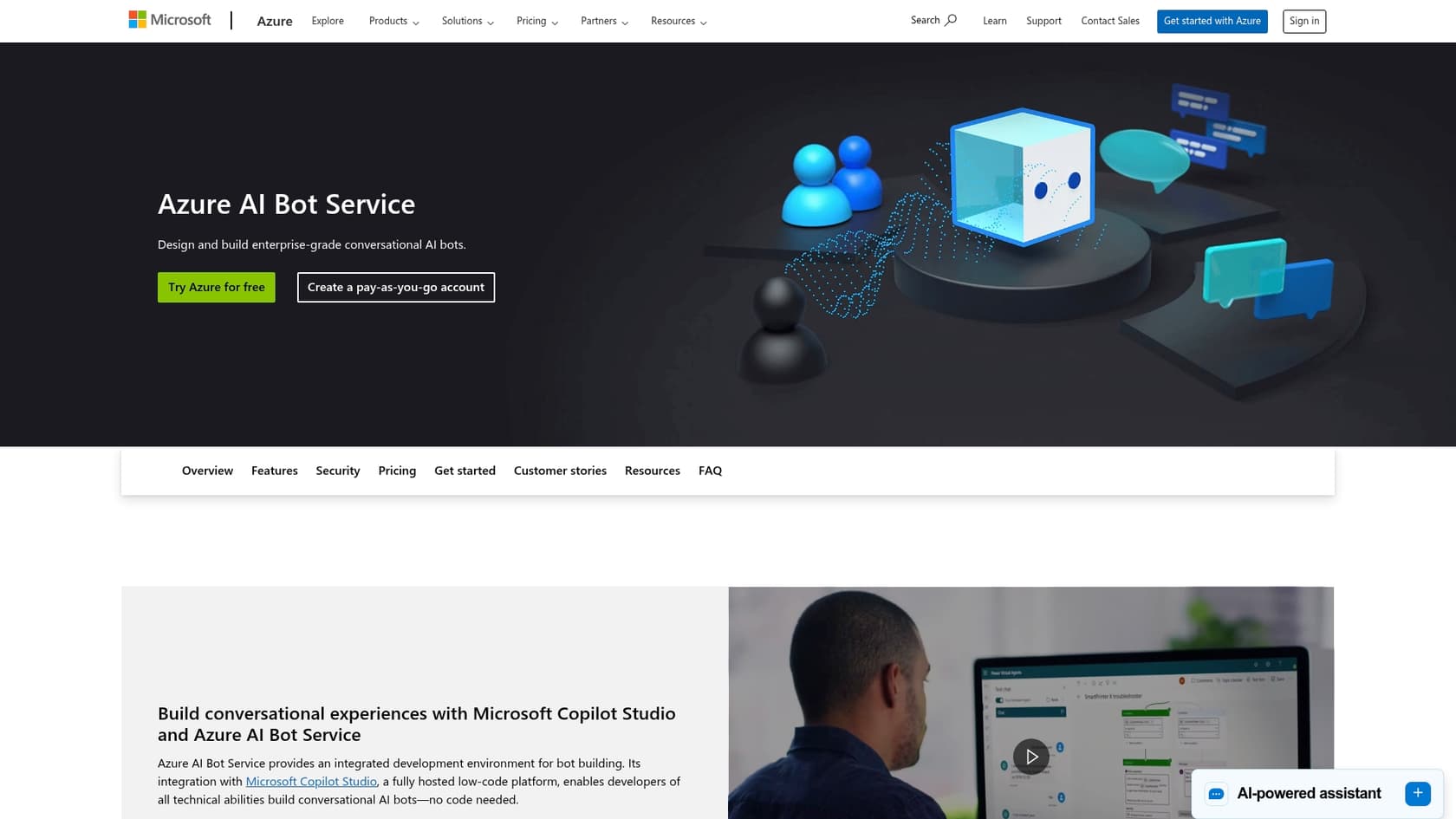 A screenshot of the Microsoft Bot Framework landing page on Azure, detailing its services.::