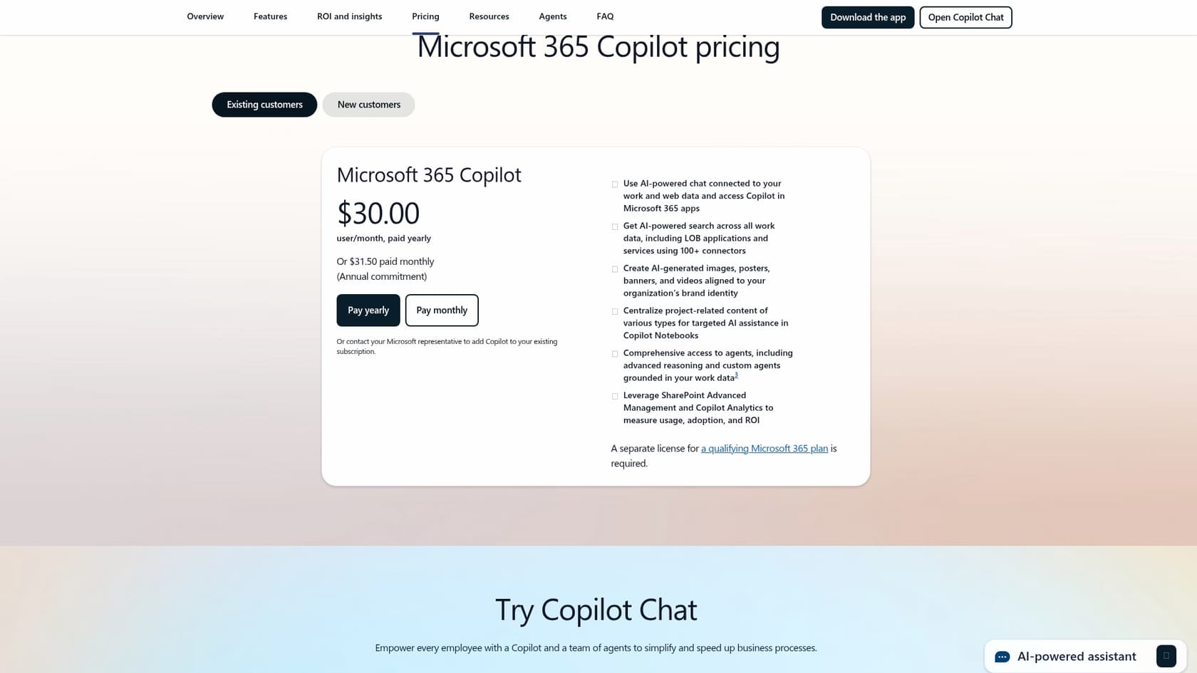 A screenshot of the Microsoft 365 Copilot pricing page, illustrating the costs involved in the salesforce microsoft square off with new ai sales agents.::