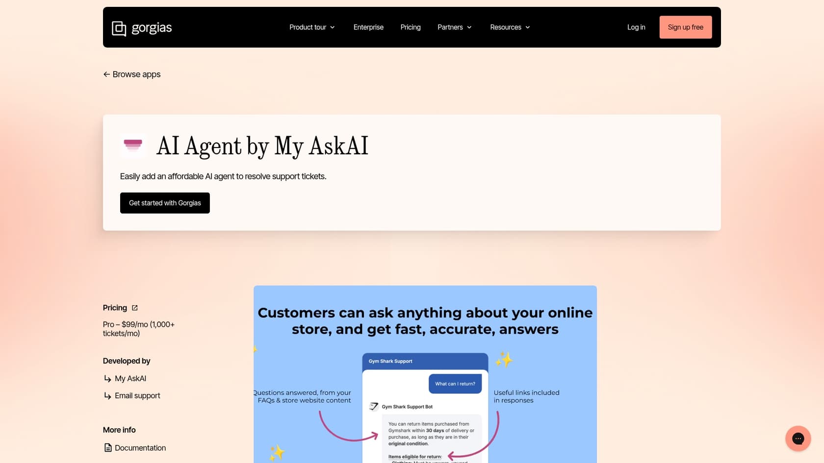 A screenshot of the My AskAI page on the Gorgias app marketplace, an example of how Gorgias uses AI agents to improve customer service.