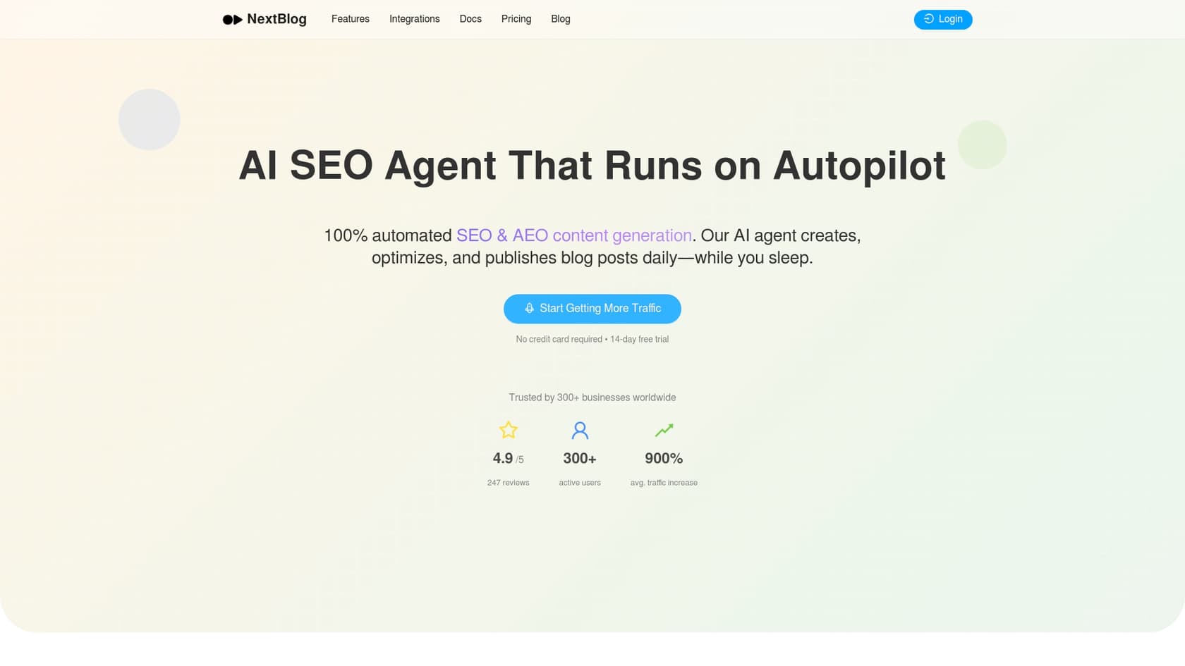 Uma captura de ecrã da página inicial do NextBlog.ai, uma plataforma de blog automatizado por IA.::