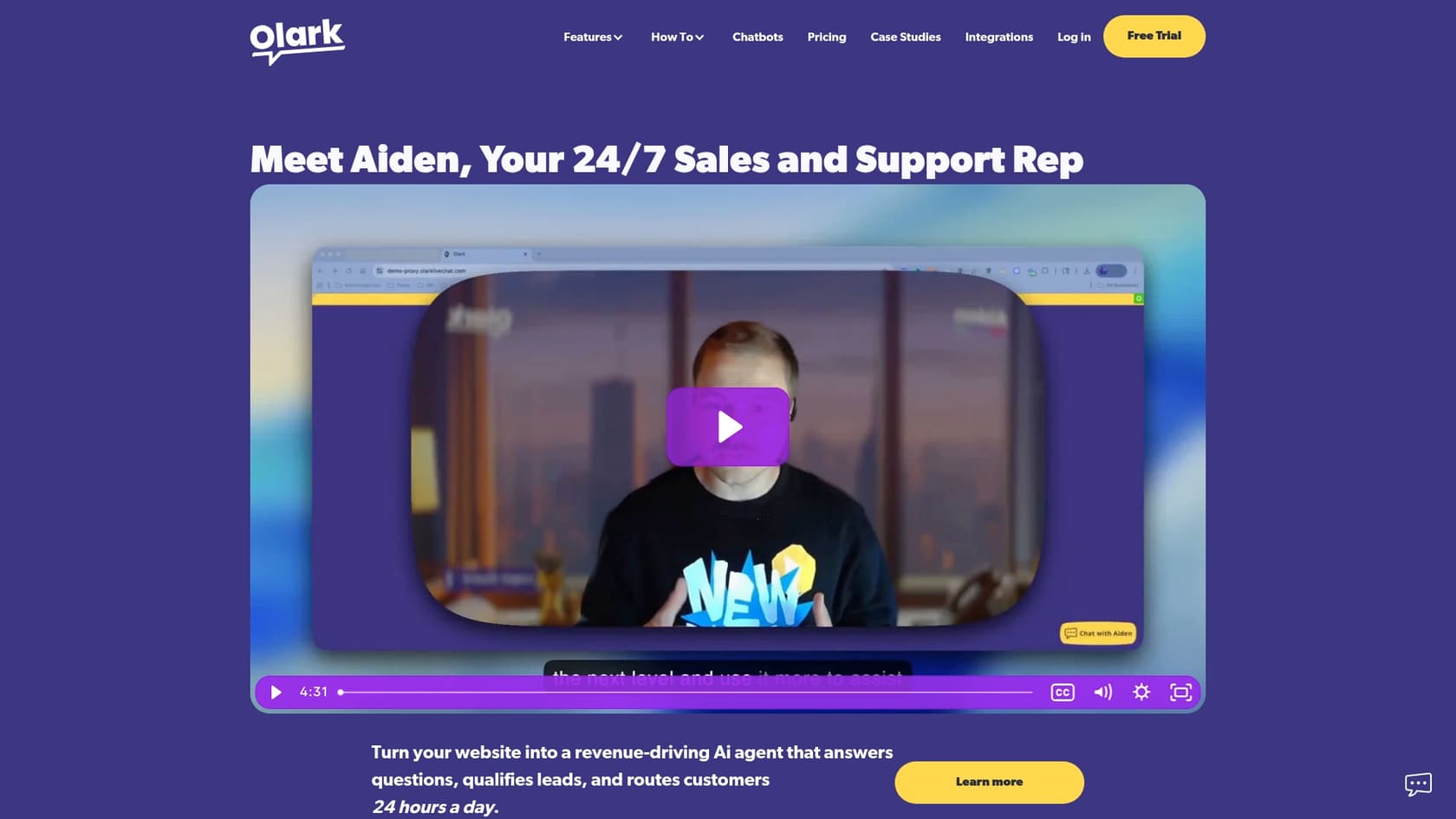 A screenshot of the Olark homepage, a best free AI chat option for basic needs.::