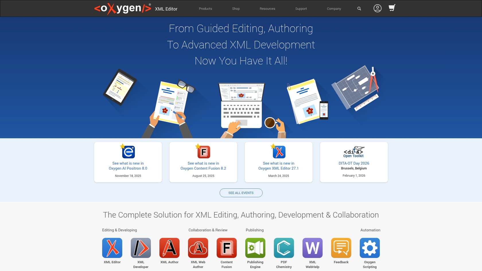 A screenshot of the oXygen XML Editor landing page, an example of AI tools for technical writers.::