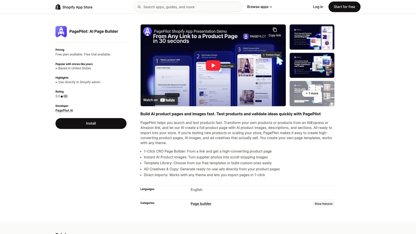 Uma captura de tela da página do app PagePilot na Shopify App Store, mostrando um exemplo de um app de IA do Shopify para design de loja.::