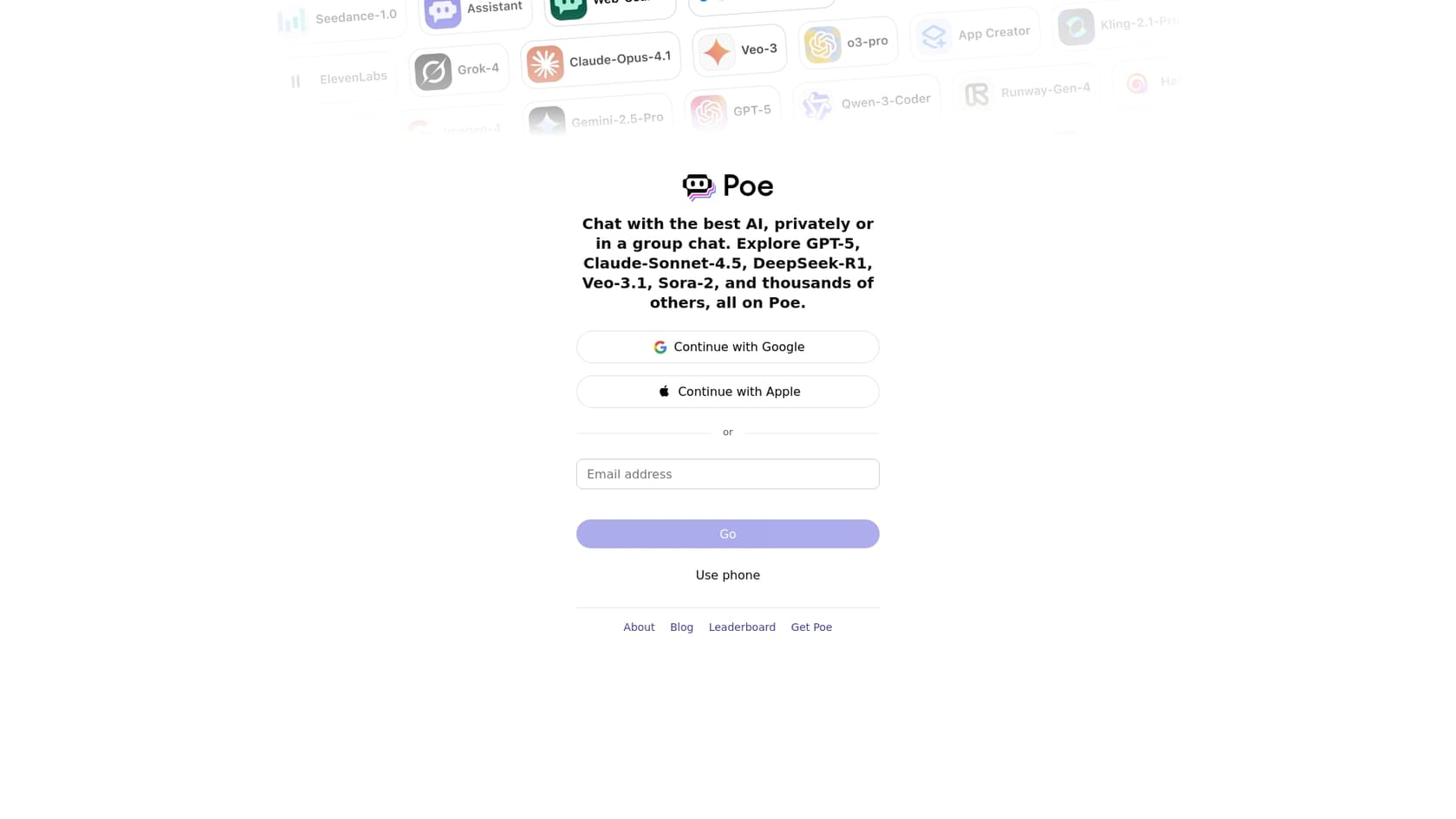 A screenshot of Poe by Quora, showcasing its interface as a ChatGPT group chat alternative with access to multiple AI models.::