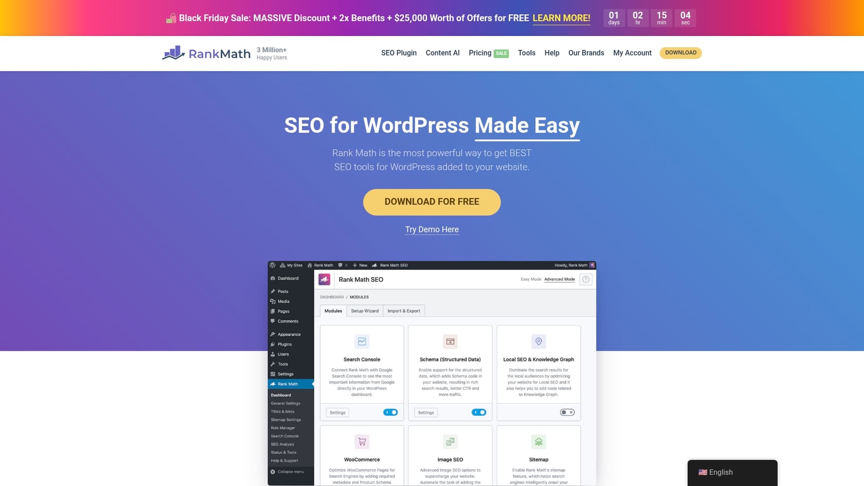A screenshot of the Rank Math SEO landing page, one of the best WordPress AI content writers.::