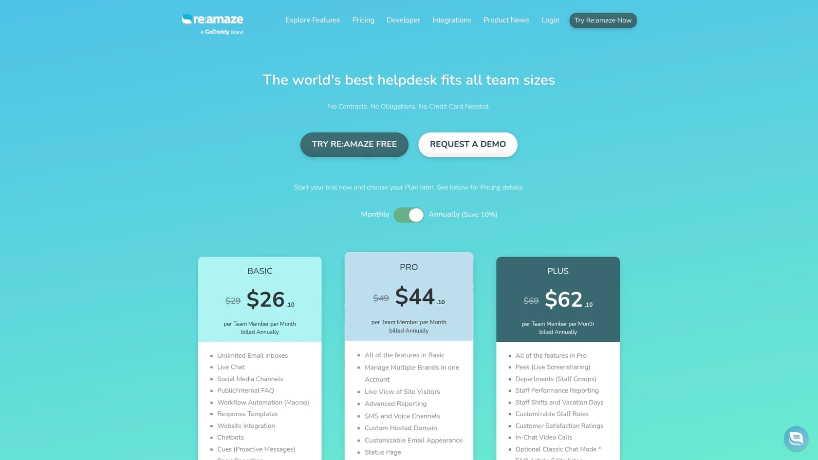 A screenshot of the Reamaze pricing page to visually support the breakdown of their pricing models.