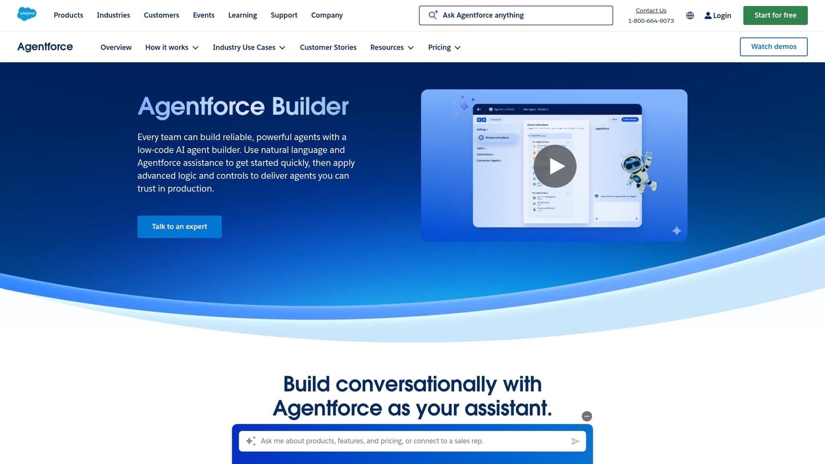 Uma captura de tela da página inicial do Salesforce Agentforce Builder, que é o workshop central para a criação de agentes de IA conversacionais.