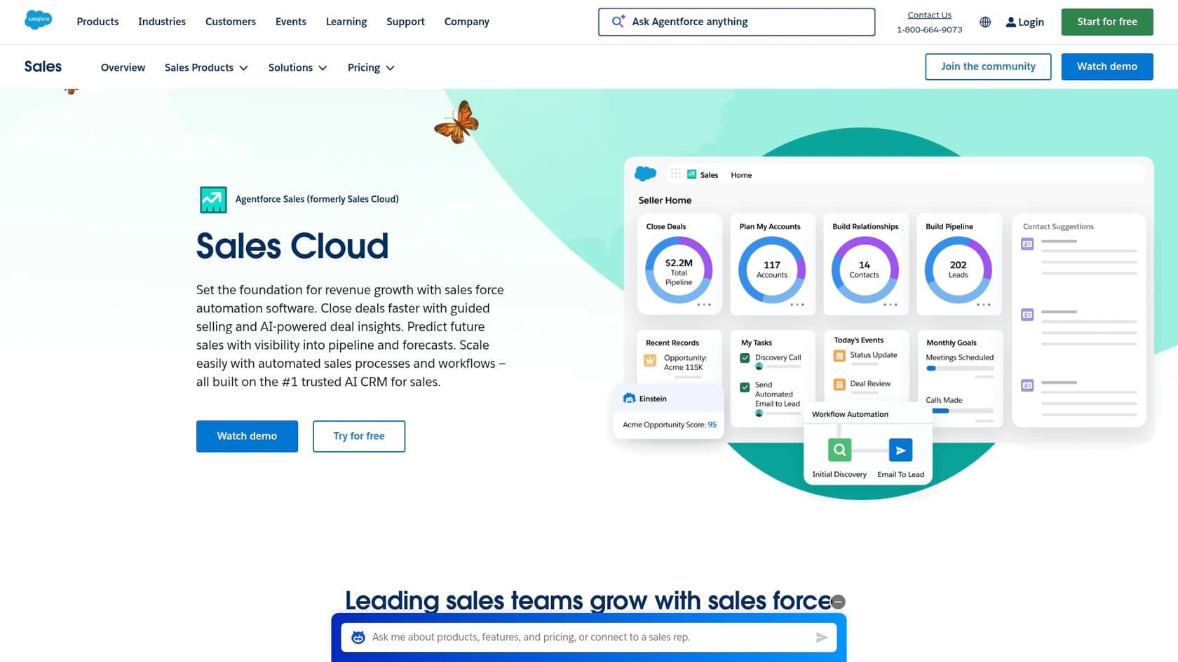 A screenshot of the Salesforce Einstein for Sales landing page, a leading solution on the Salesforce AI tools list.