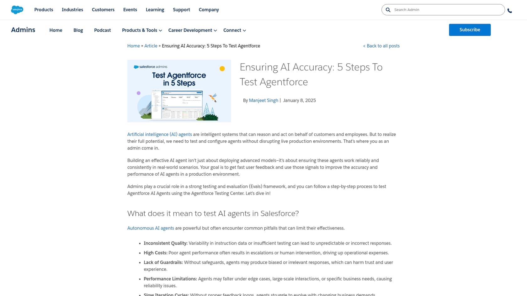 Uma visão do Salesforce Testing Center, uma ferramenta chave mencionada no guia da calculadora de preços de IA da Salesforce.