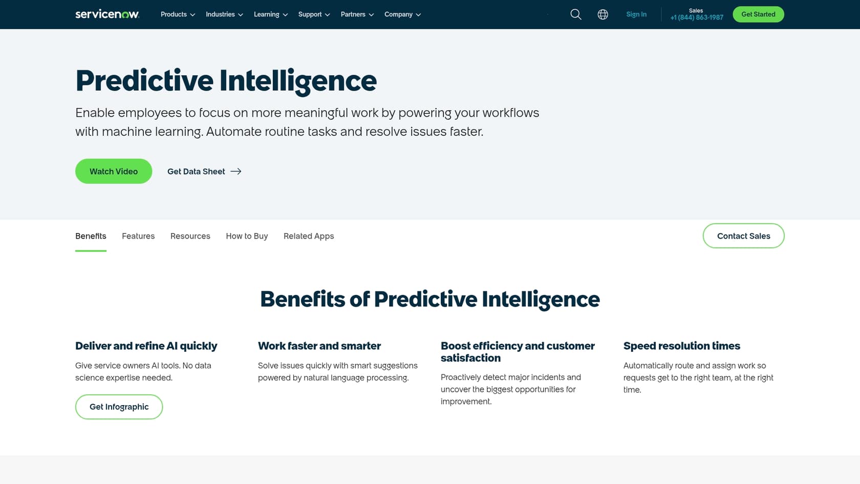 A screenshot of the ServiceNow Predictive Intelligence landing page, highlighting its features as one of the key ServiceNow AI tools.