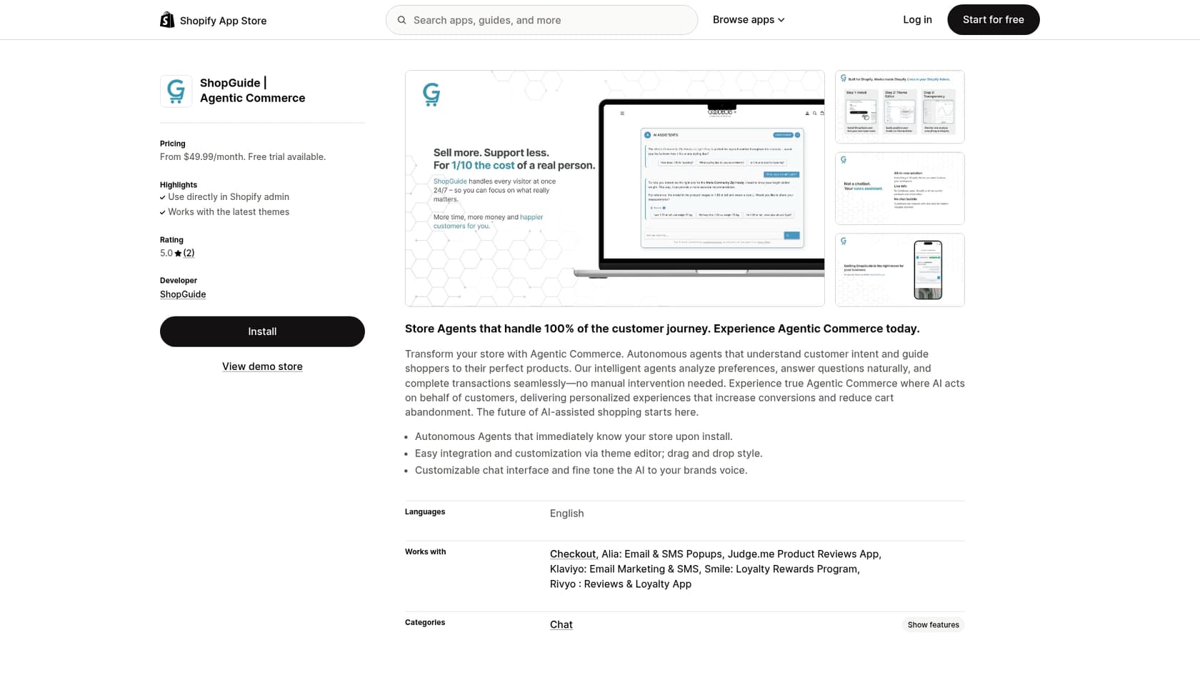 Uma captura de tela da página do app ShopGuide, um exemplo de um app de IA do Shopify para conversas de vendas.::