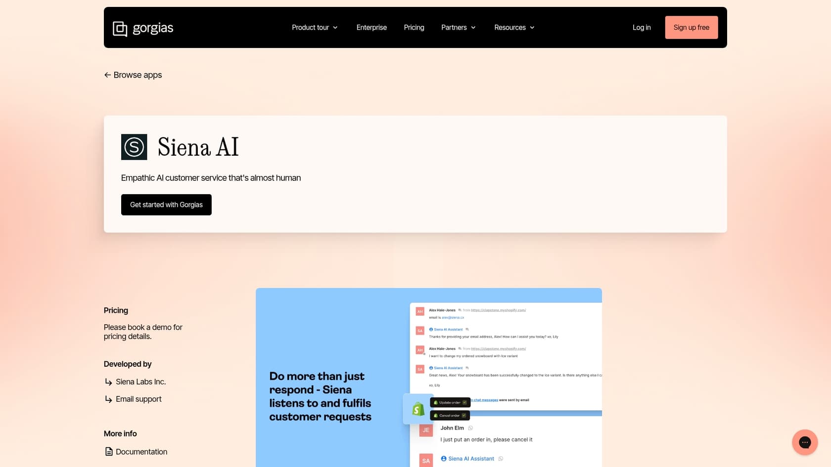 A screenshot of the Siena AI page on the Gorgias app marketplace, another way Gorgias uses AI agents to improve customer service.