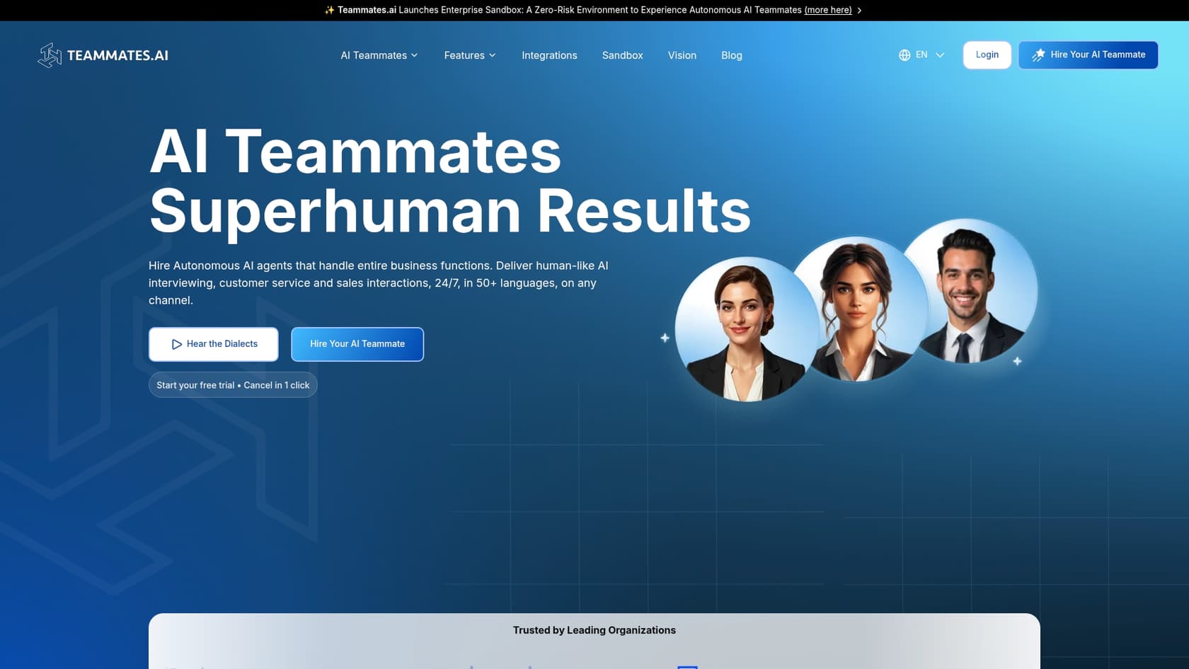 A screenshot of the Teammates.ai homepage, showing the 