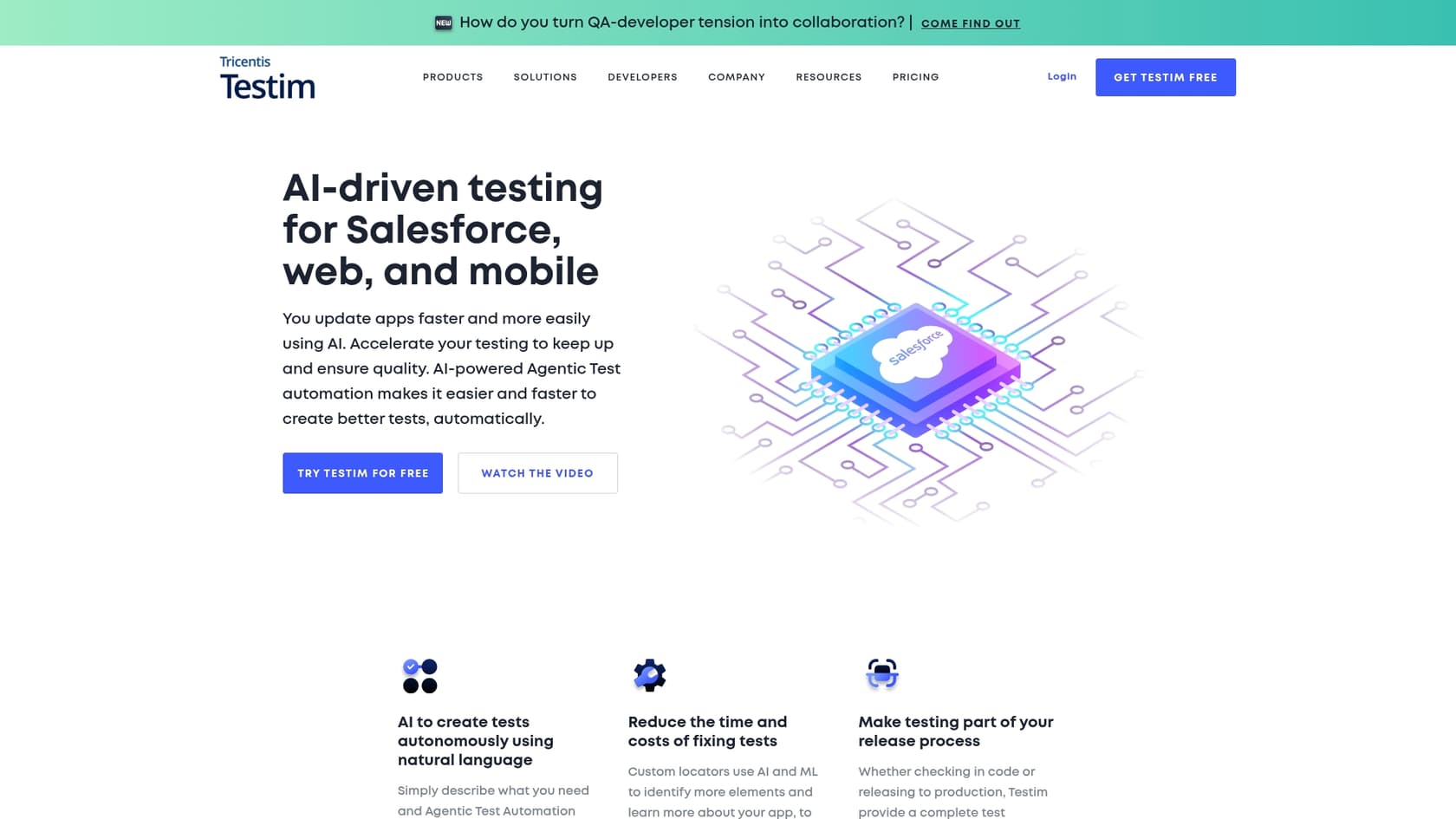 A screenshot of the Testim landing page, an AI-powered test automation tool for software testing in Jira.::