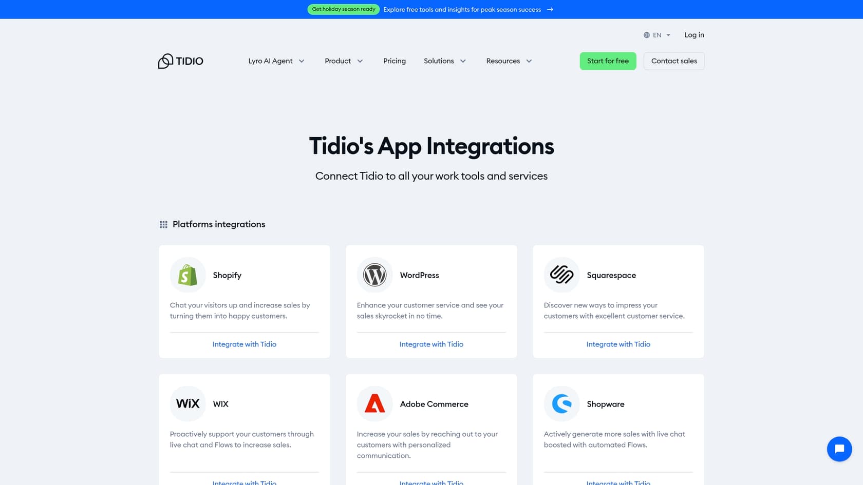 A screenshot of the Tidio integrations page, showcasing the variety of apps and platforms Tidio can connect with, including Shopify, Zendesk, and HubSpot.