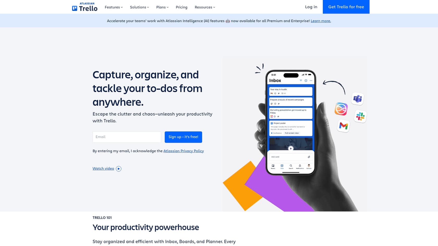 A screenshot of the Trello landing page, one of the top Jira alternatives for agile teams.