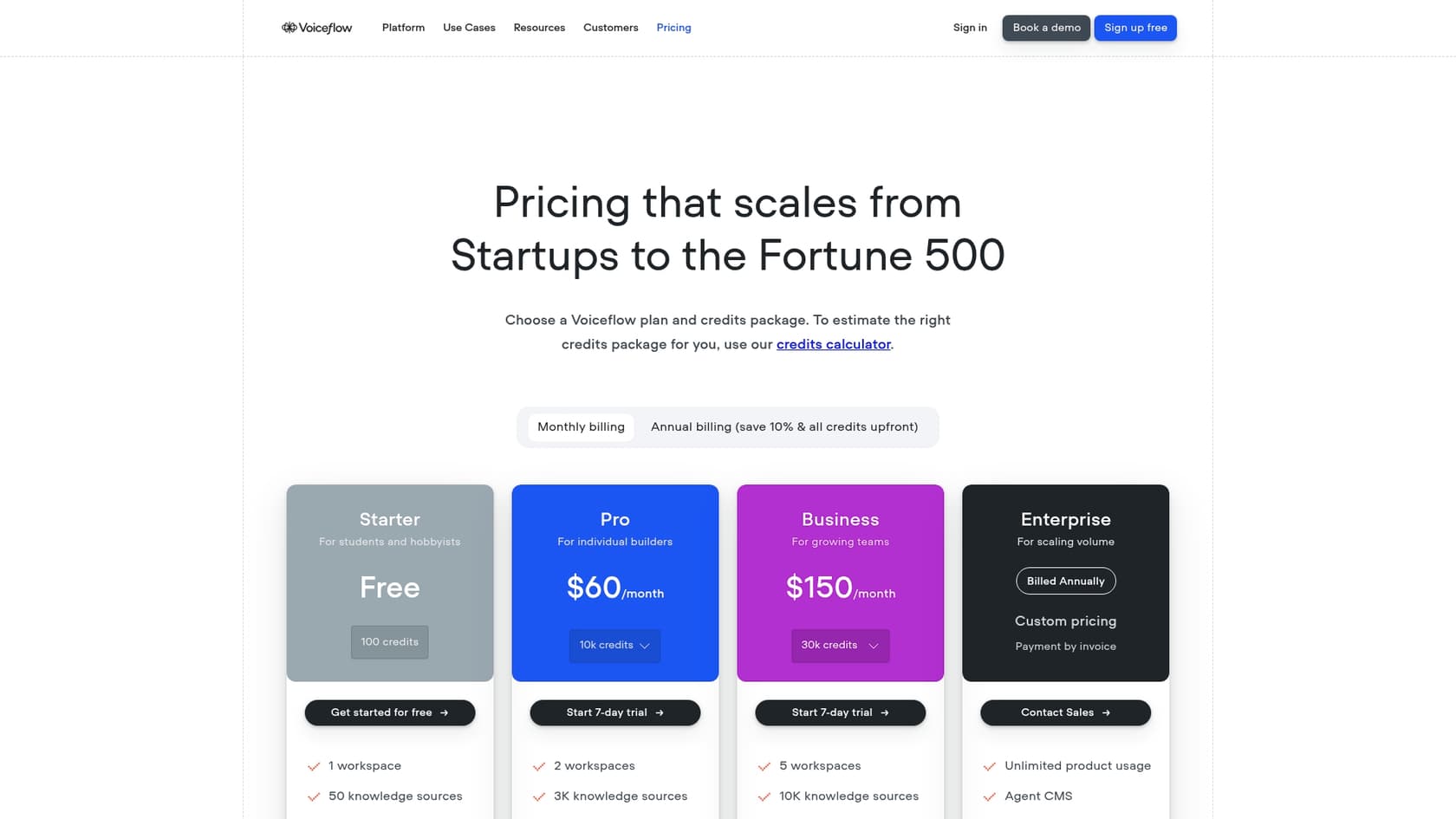 A screenshot of the Voiceflow pricing page.::