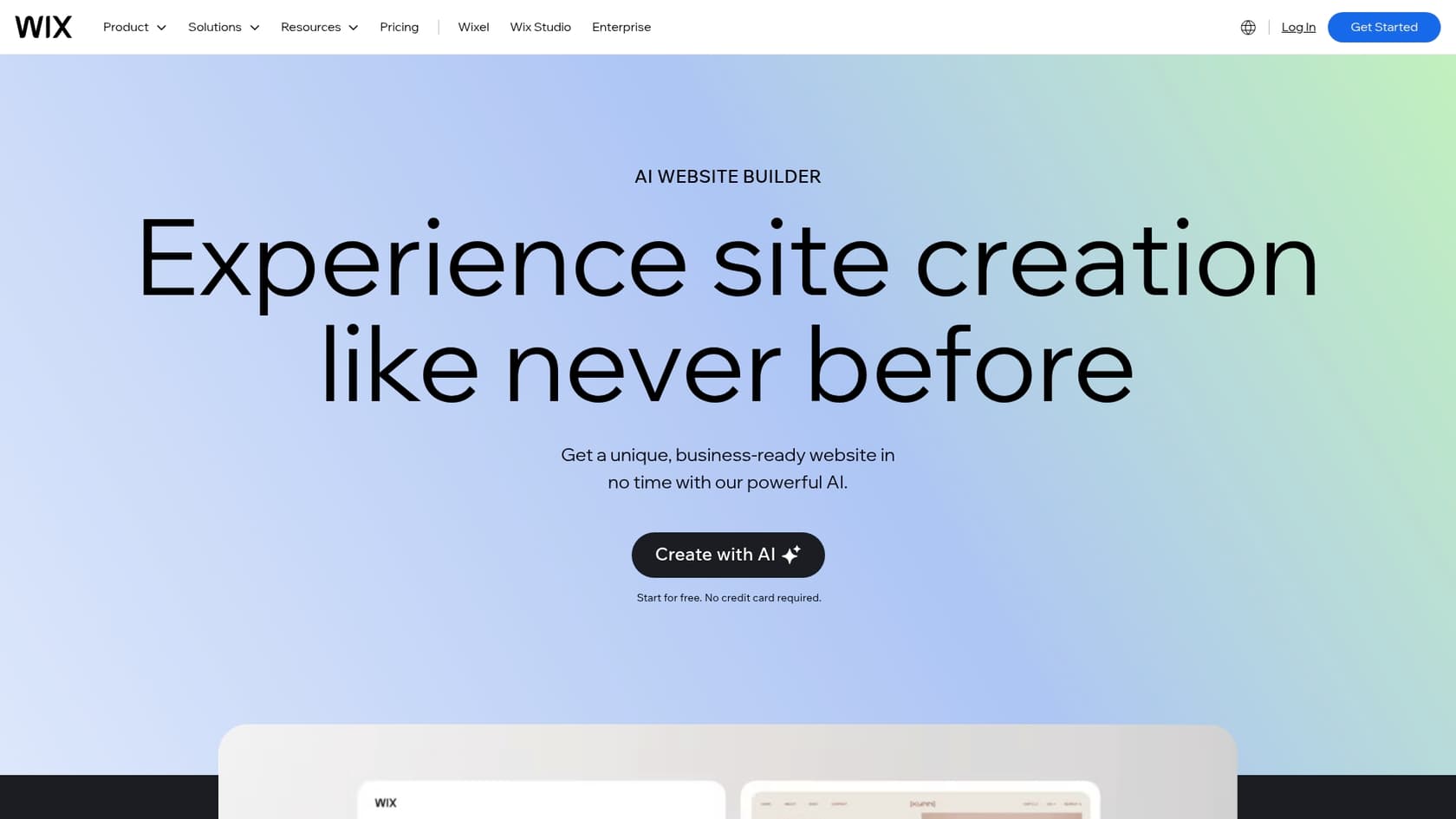 A screenshot of the Wix AI website generator landing page, highlighting its features.