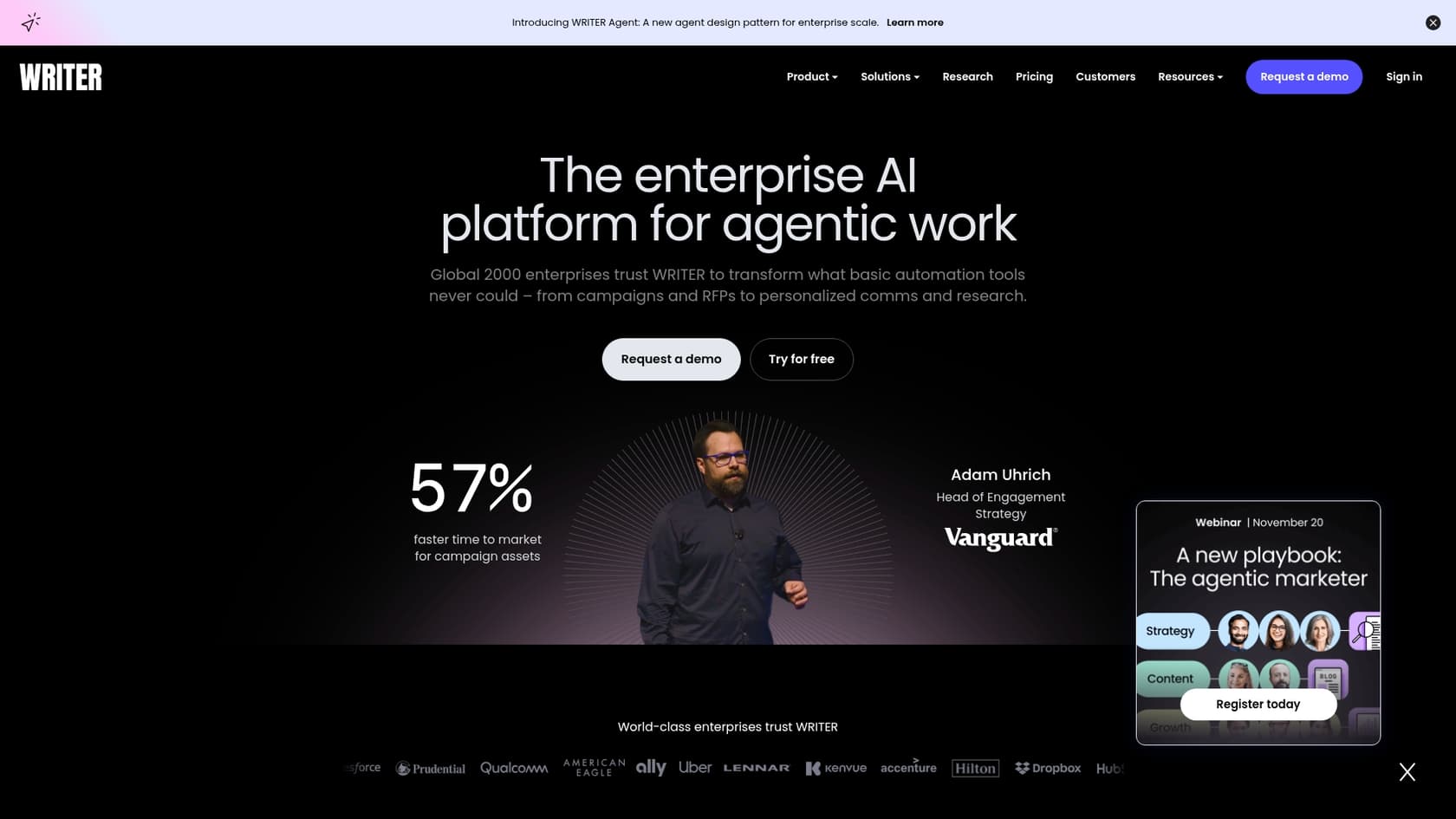 A screenshot of the Writer.com landing page, one of the best AI writers for tech blogs for enterprise teams.