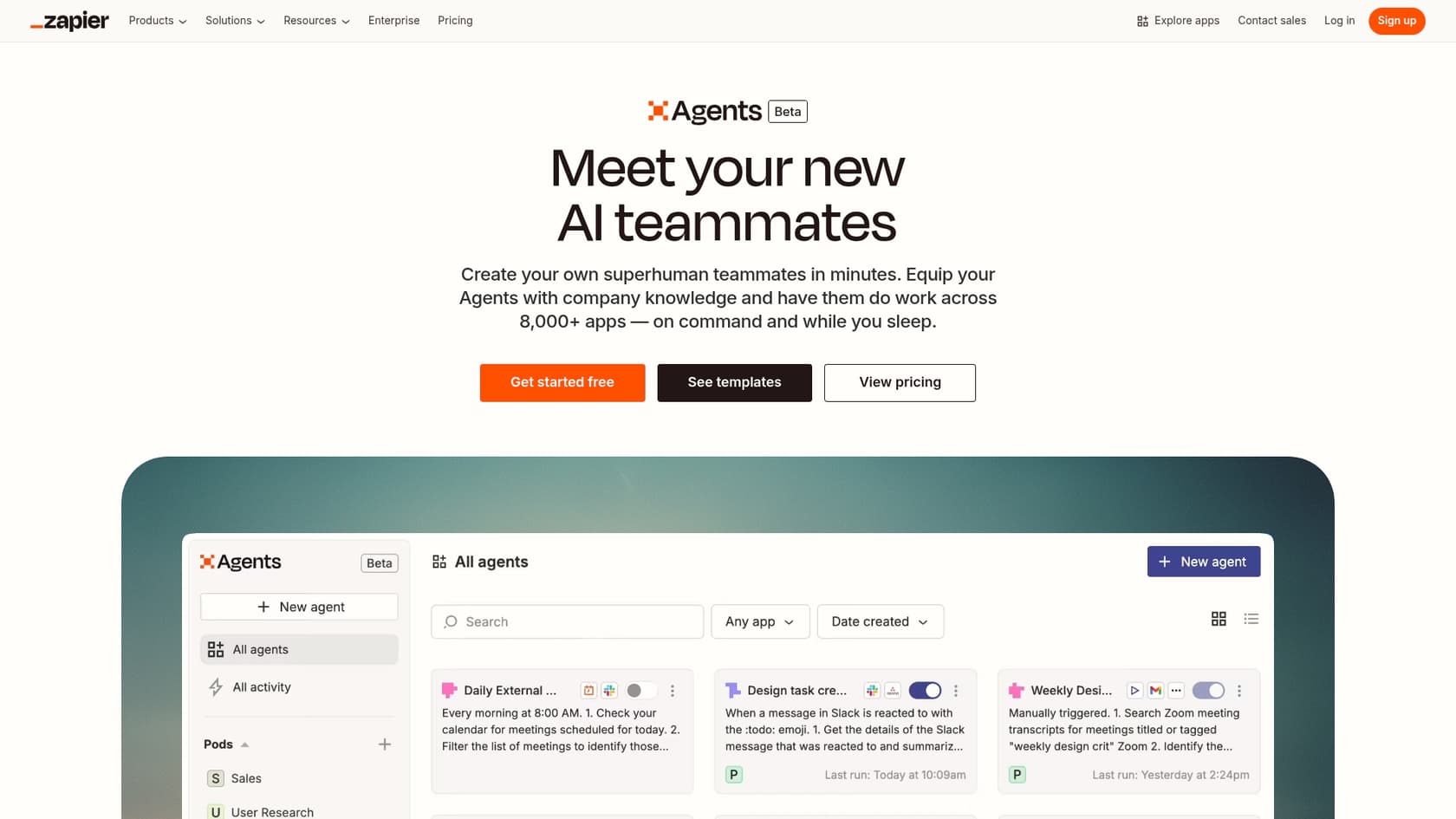 A screenshot of the Zapier Agents landing page, a unique option among ChatGPT group chat alternatives for workflow automation.::alt_title=A screenshot of the Zapier Agents landing page, a unique option among ChatGPT group chat alternatives for workflow automation.::alt_text=A screenshot of the Zapier Agents landing page, a unique option among ChatGPT group chat alternatives for workflow automation.