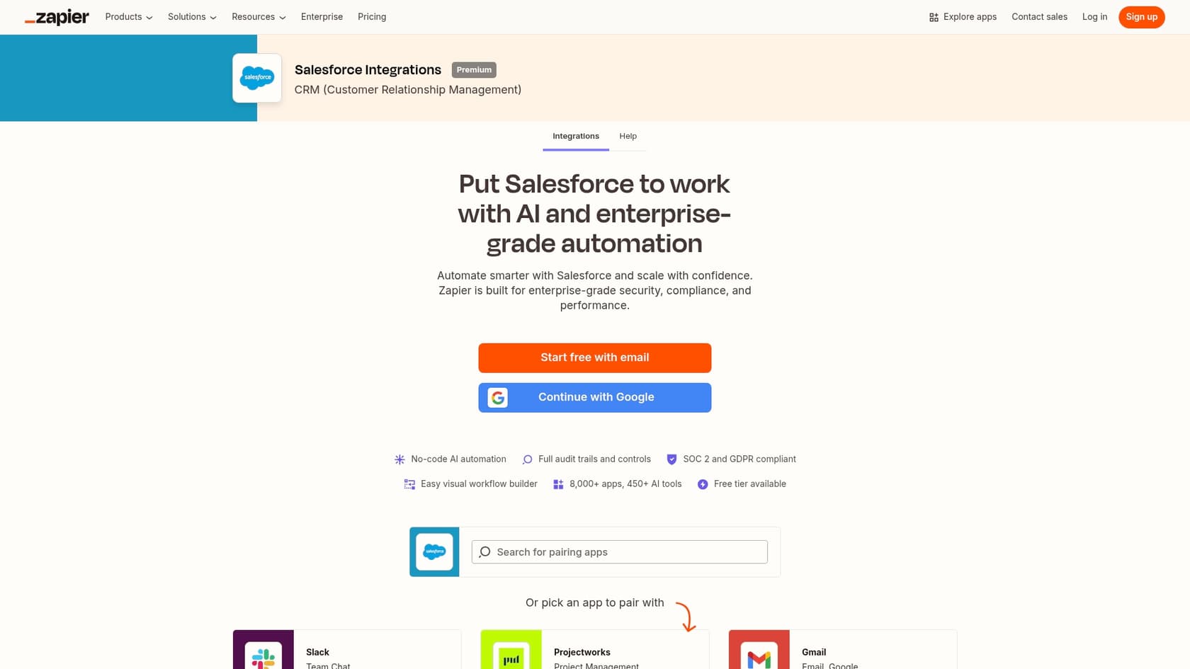 Uma captura de ecrã da página de integração do Zapier e da Salesforce, que faz parte da arquitetura de IA da Salesforce.