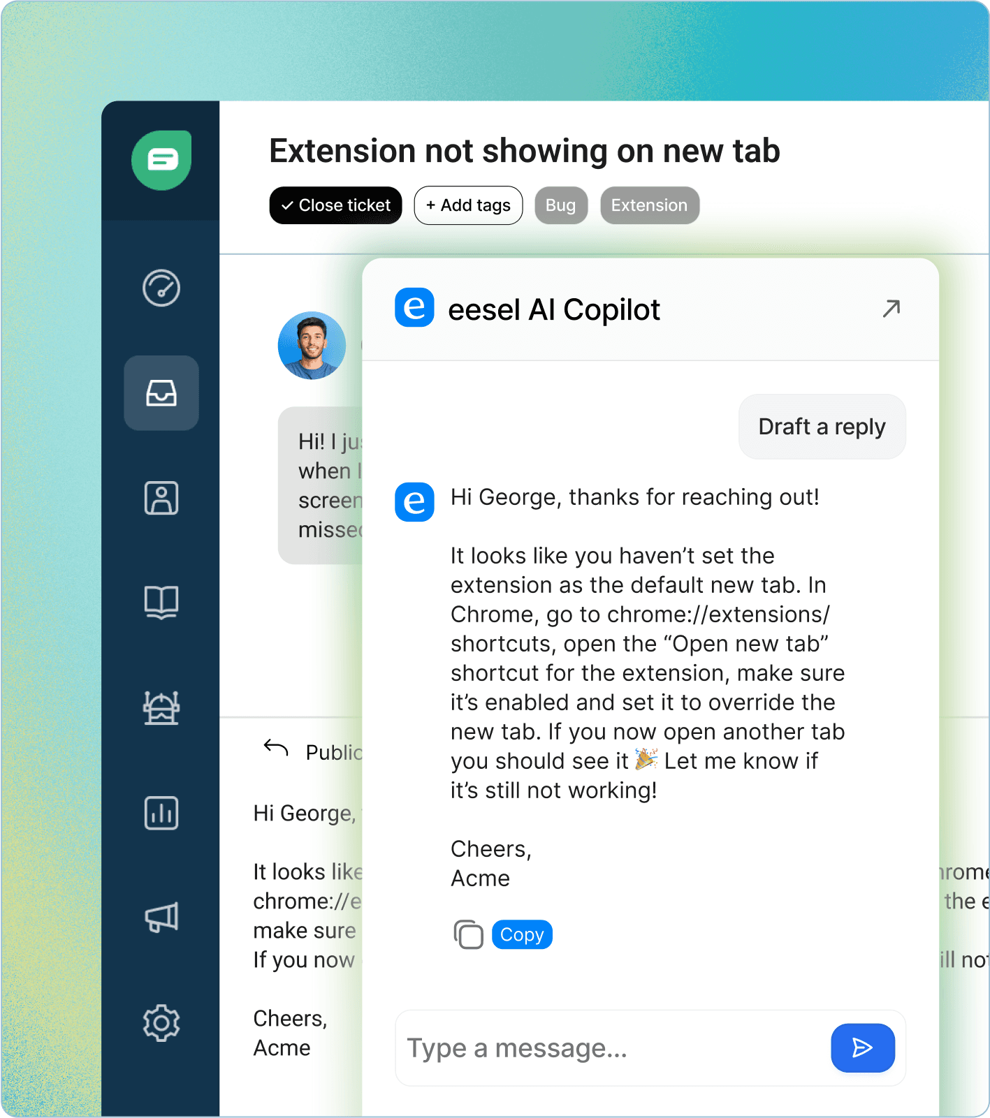 AI Copilot for Freshdesk assists agents with suggested replies, demonstrating a core function of the best AI customer support for Jira email.::