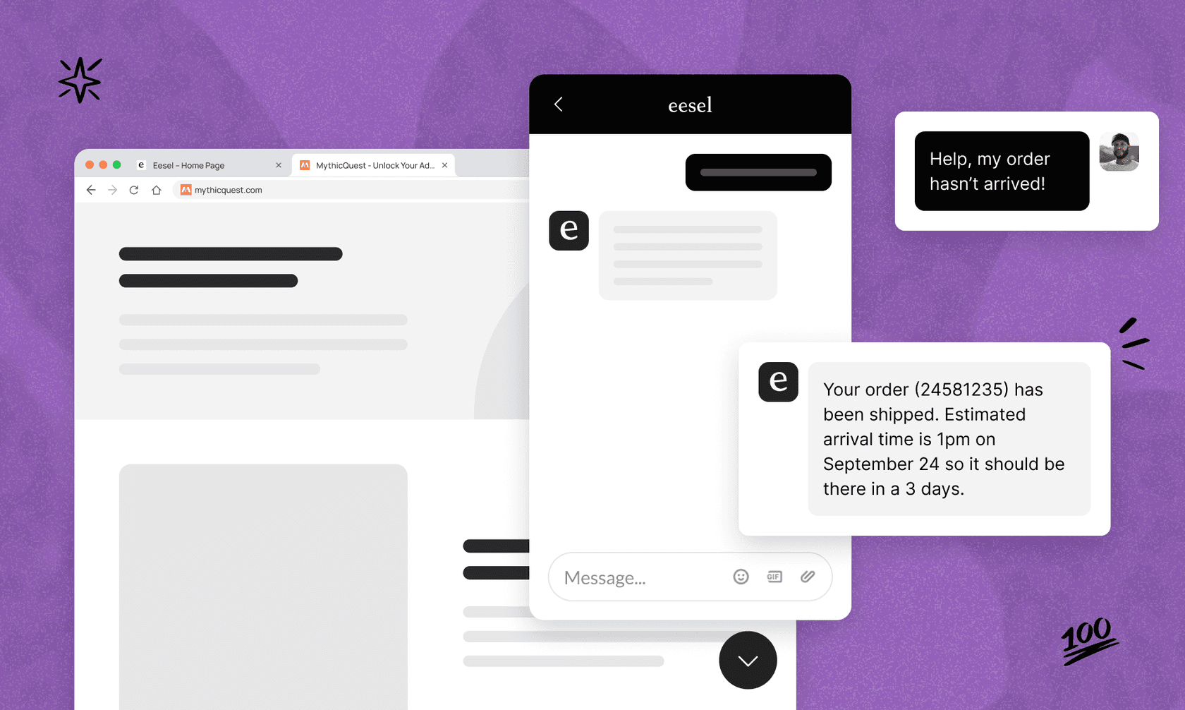 eesel chat bubbble pop up assisting custoomer with order shipping