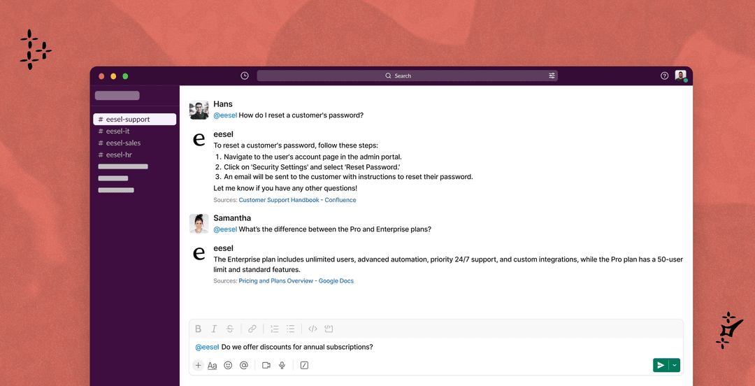 eesel support chat in Slack channel with eesel AI helping employees find information internally