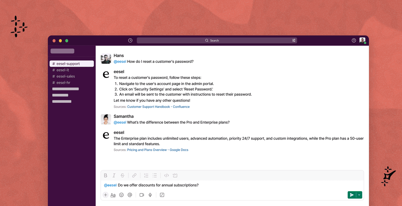 eesel support chat in Slack channel with eesel AI helping employees find information internally